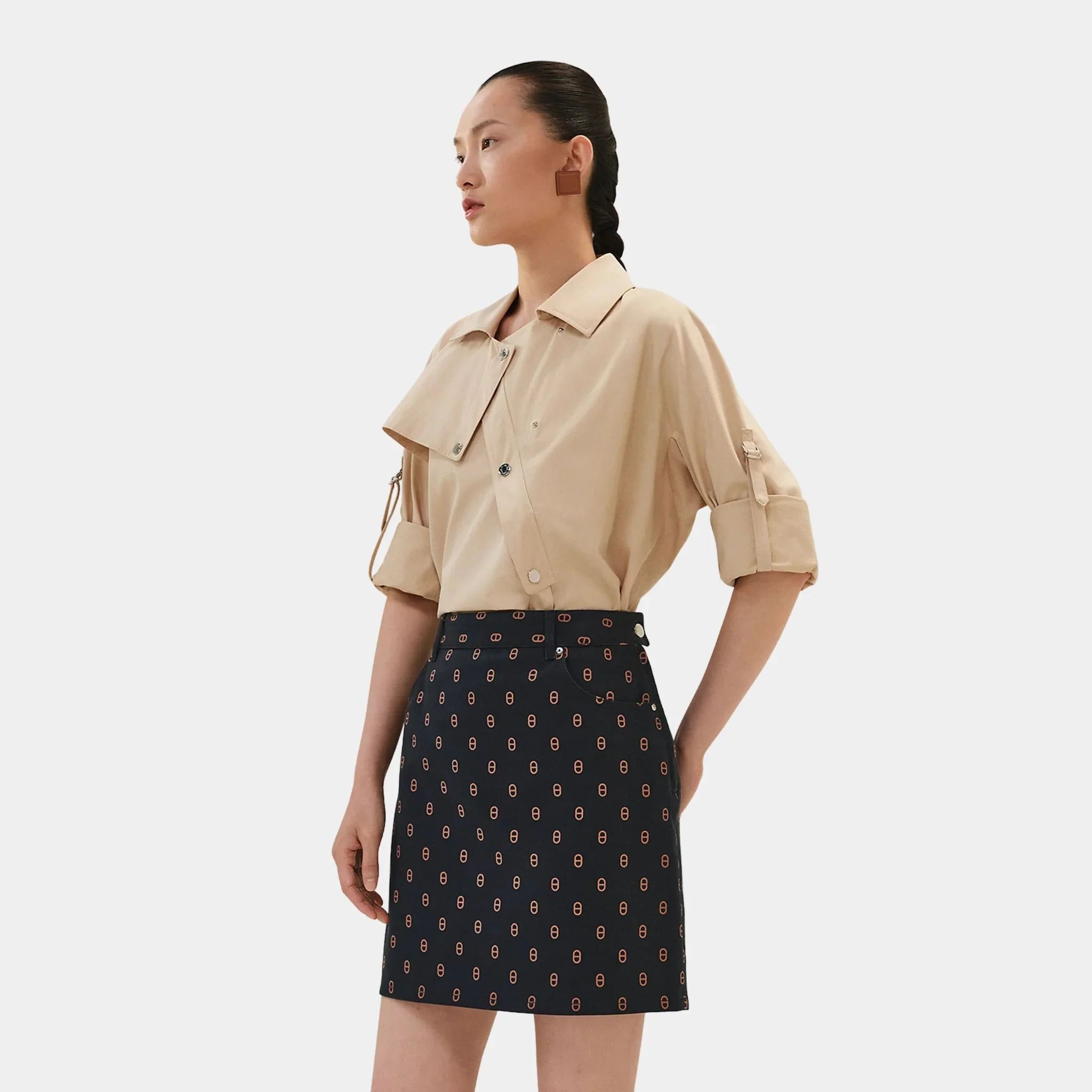 Hermes Denim Miniskirt in Chaine d'Ancre Printed, Bleu Gabier, Front