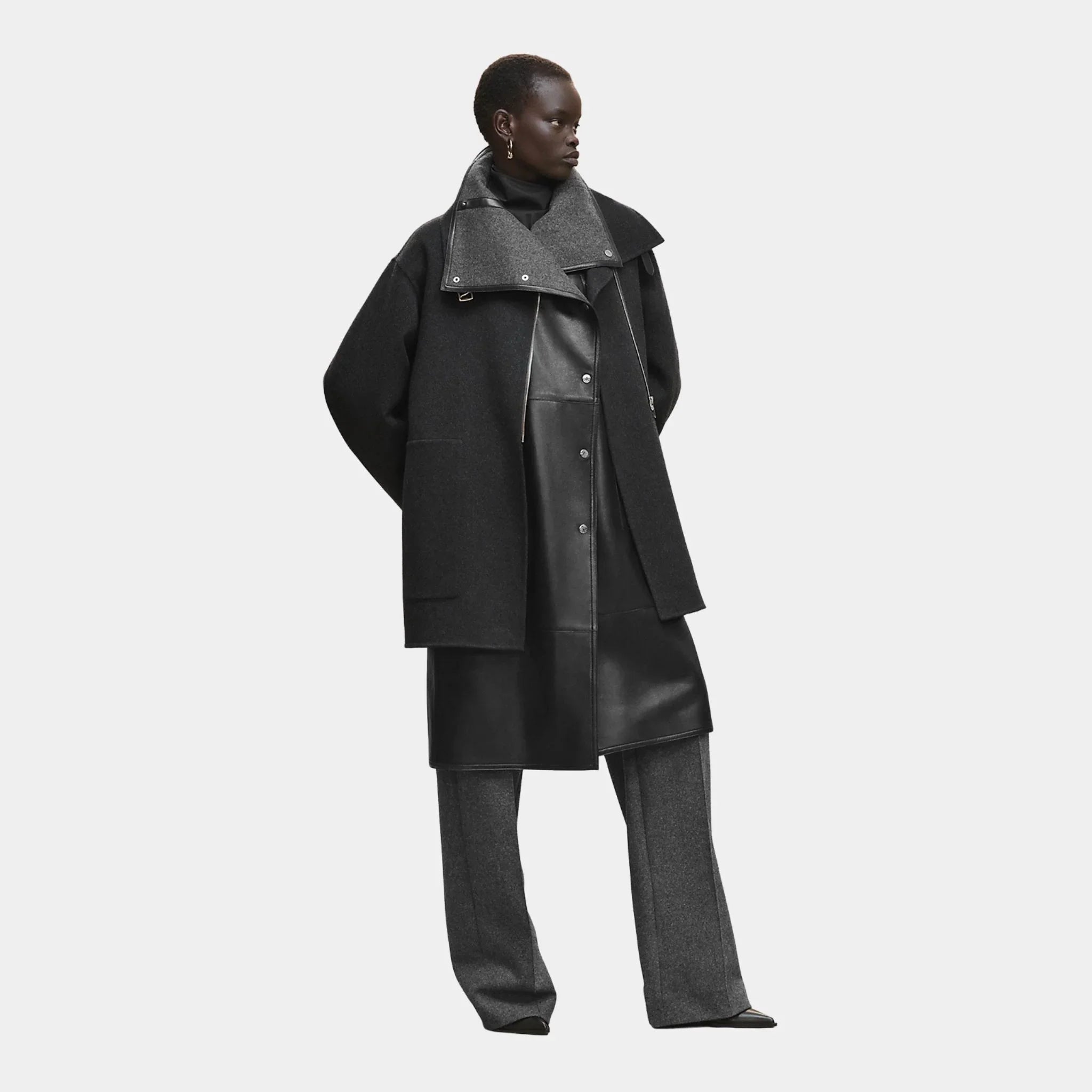 Double-sided Cashmere Coat with Felt and Leather Details
