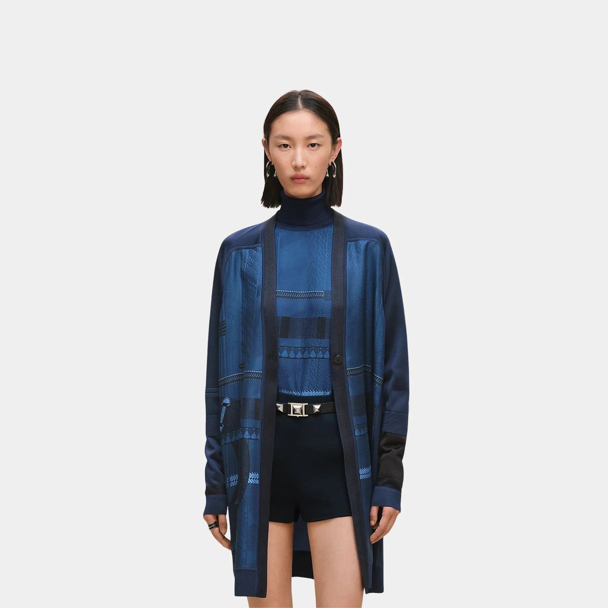 Hermes Dressage Tressage Long-sleeve Twillaine Cardigan, Bleu Encre, Front