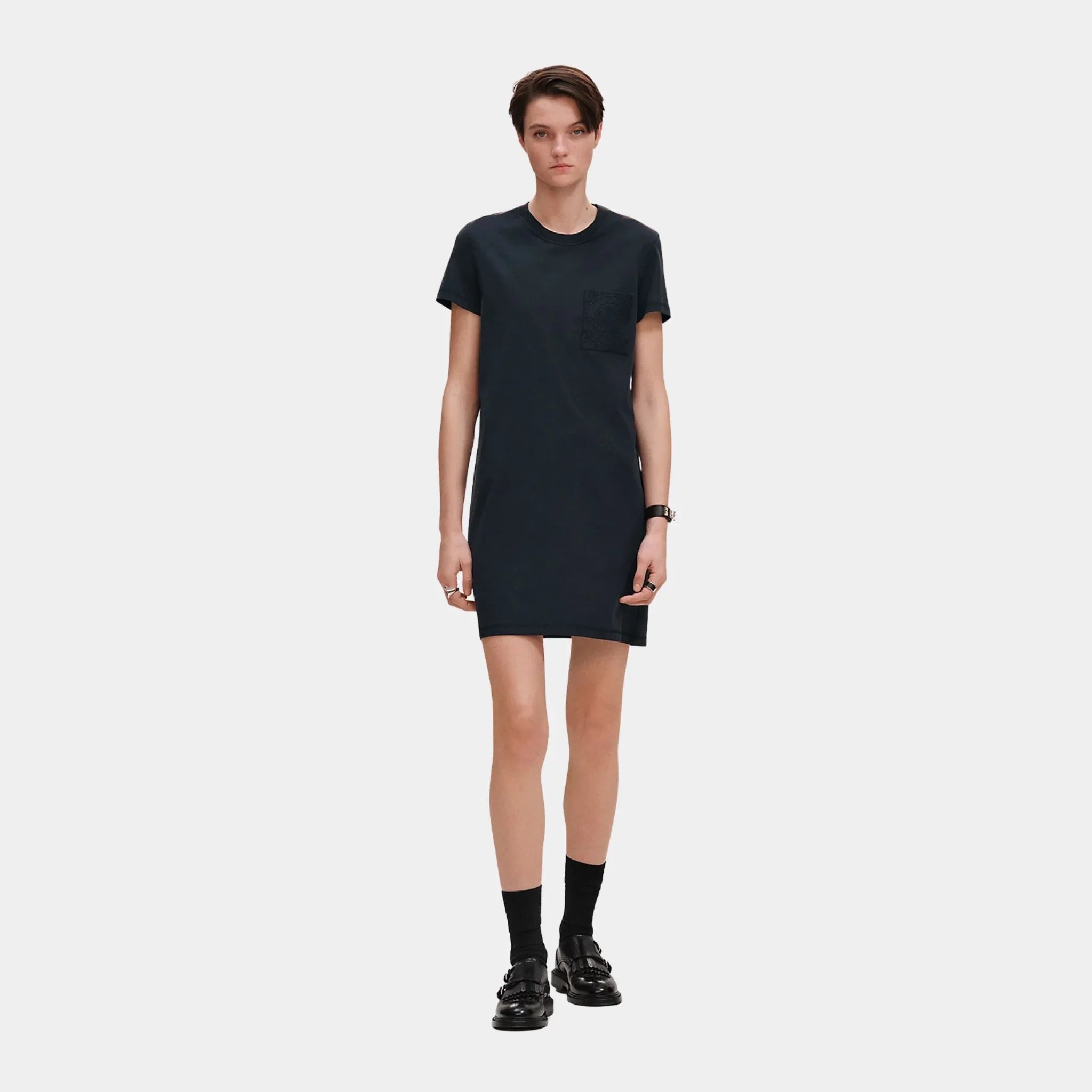 Hermes Embroidered Pocket Dress in Plain Cotton Jersey, Bleu Noir, Front