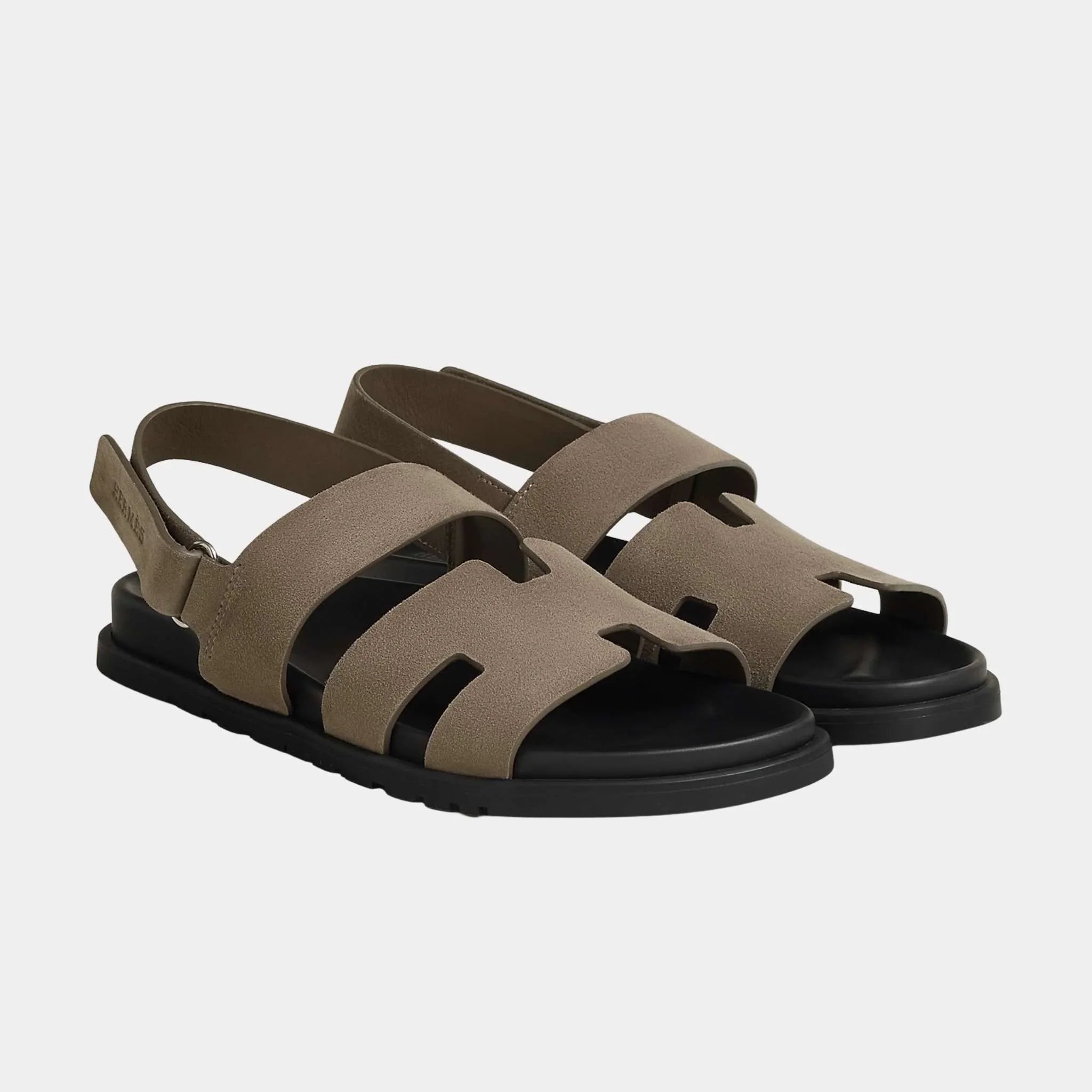 Hermes Genius Sandals in Suede Goatskin, Etoupe, Front