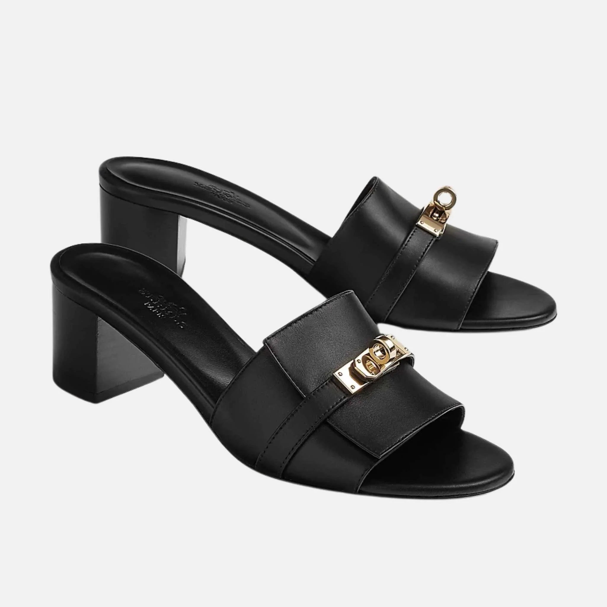 Hermes Gigi 50 Sandals in Calfskin Gold Plated Buckle, Black, Front