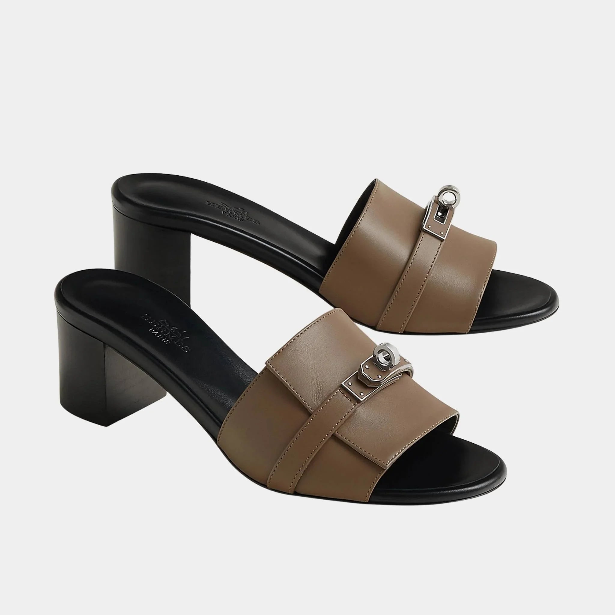 Hermes Gigi 50 Sandals Calfskin, Etoupe, Front
