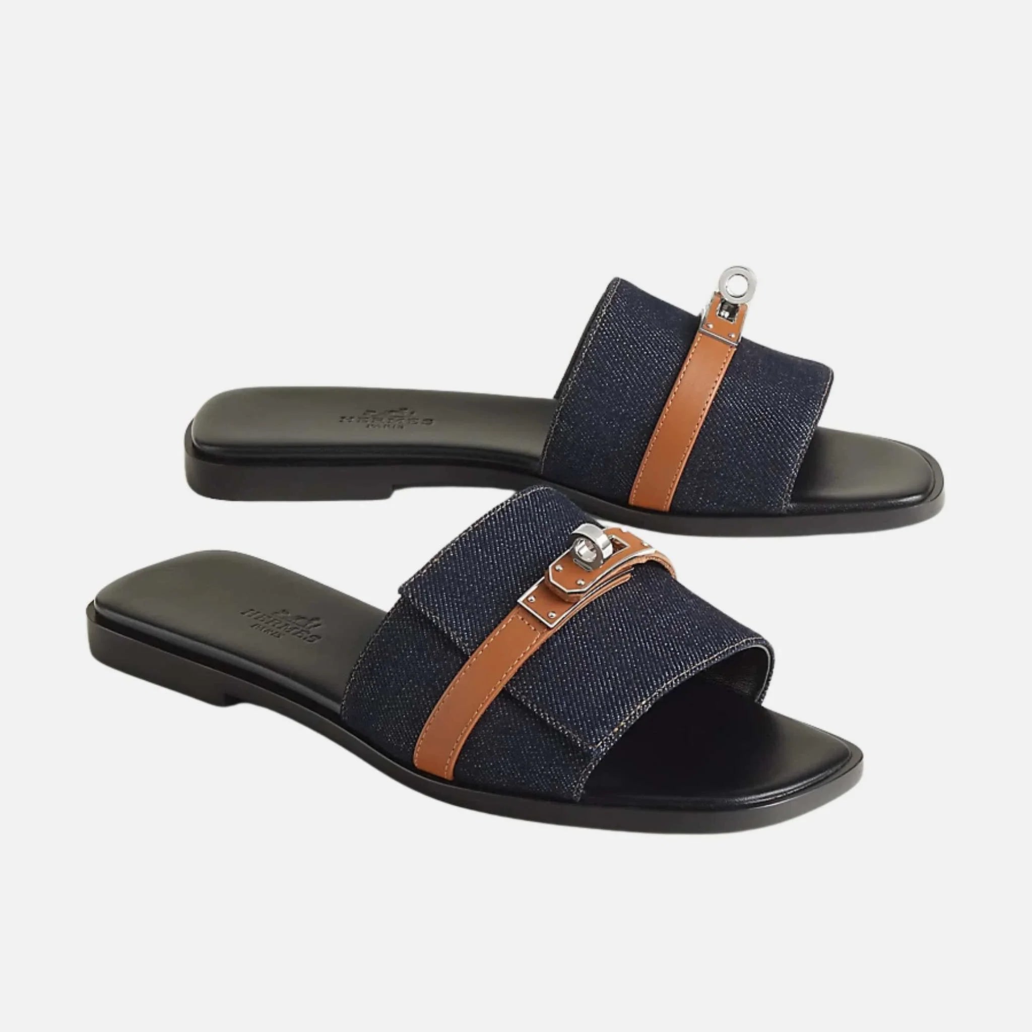 Hermes Giulia Sandal Denim, Bleu Brut, Naturel, Front