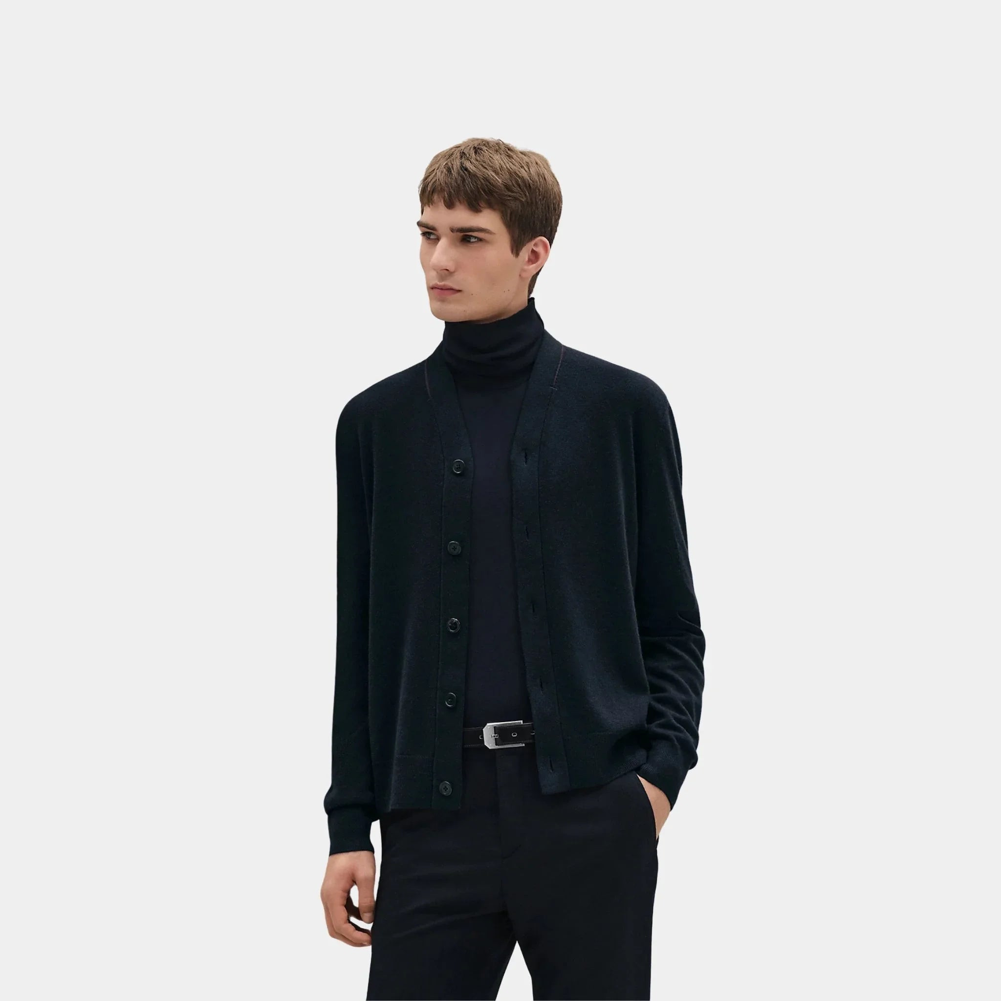 Hermes H bartack Button-down Cashmere Cardigan, Marine, Front