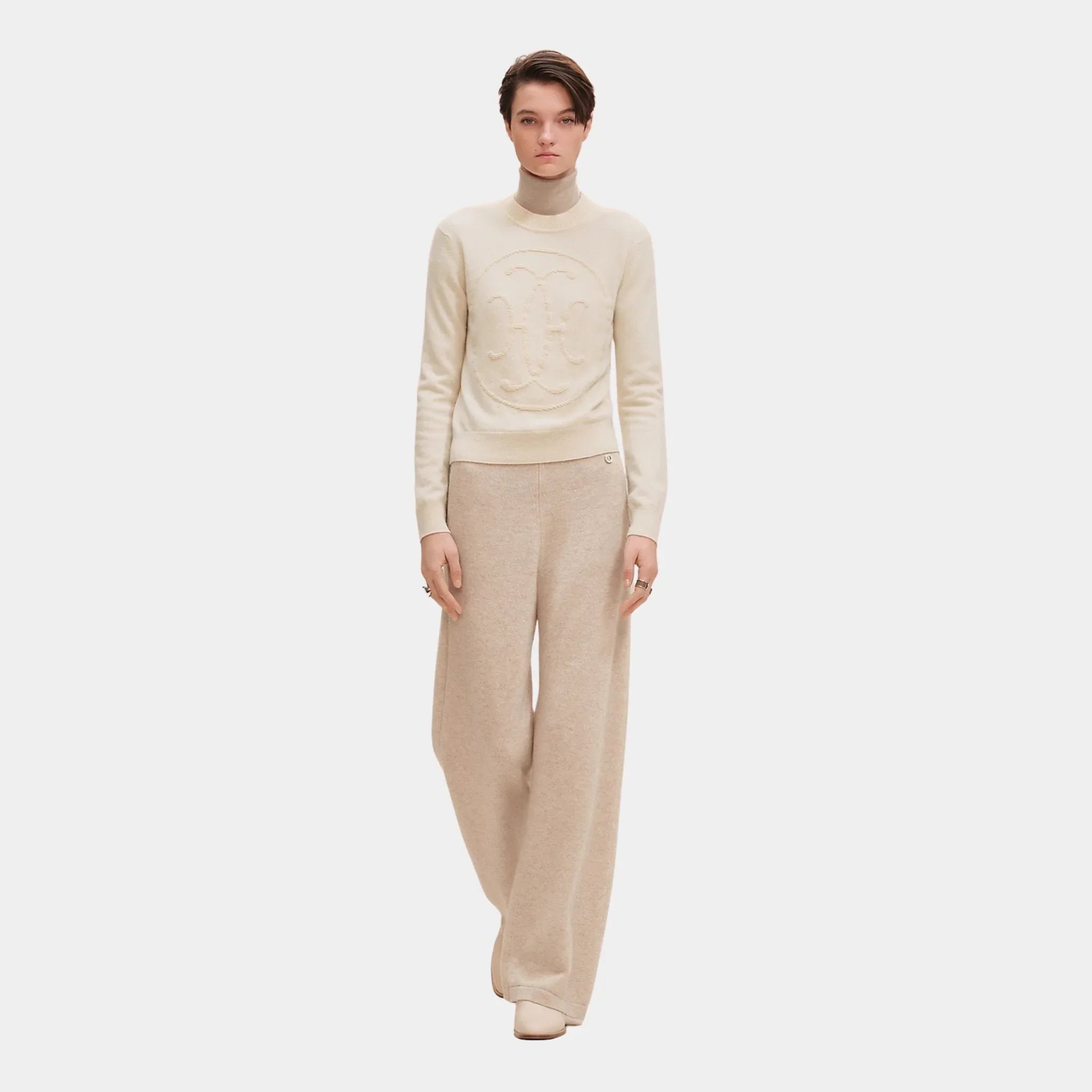 Hermes H Lift Long-sleeve Sweater in Plain Scottish Cashmere, Blanc Naturel, Front