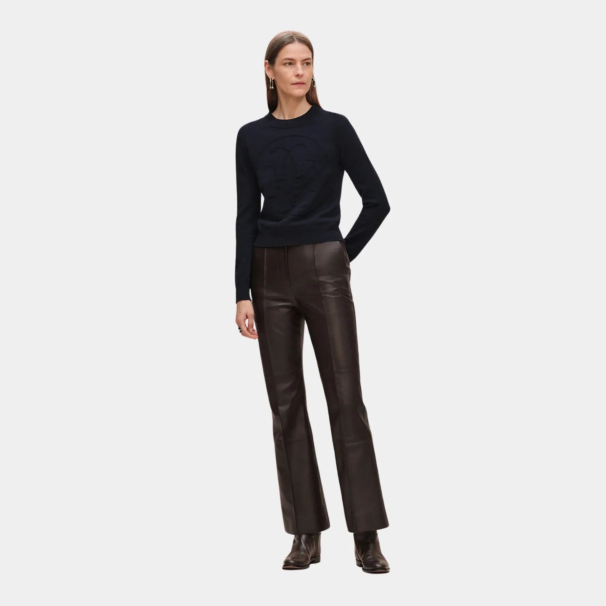 Hermes H Lift Long-sleeve Sweater in Plain Scottish Cashmere, Bleu Noir, Front