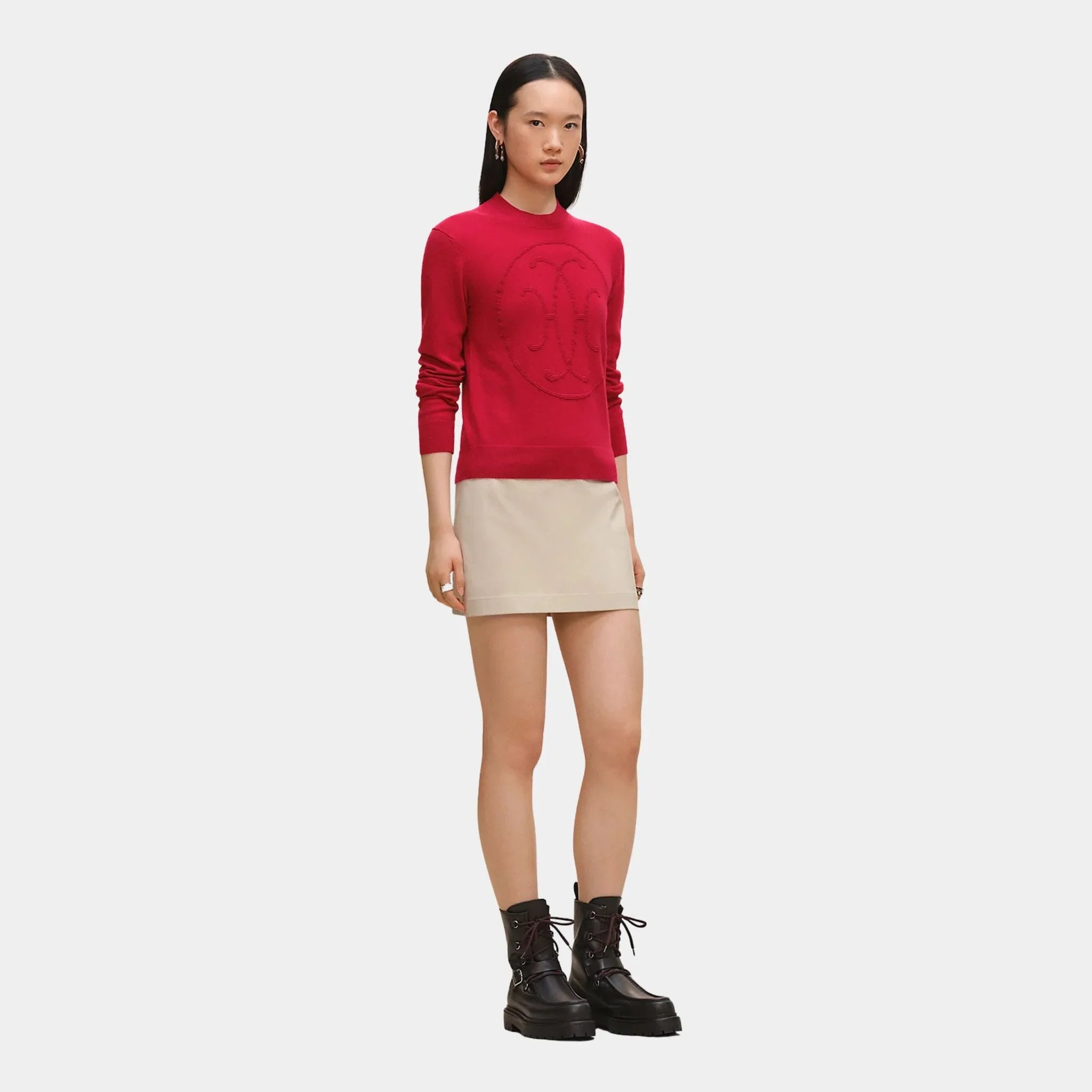 Hermes H Lift Long-sleeve Sweater in Plain Scottish Cashmere, Rose Framboise, Front