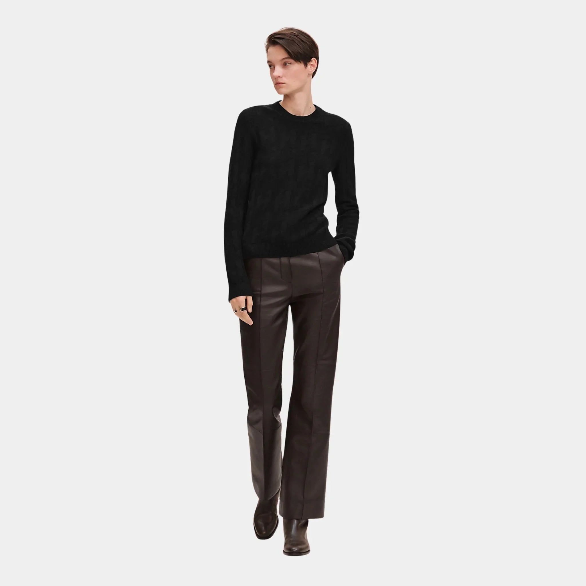 Hermes H Long-Sleeve Sweater in Plain Wool Knit, Noir, Front