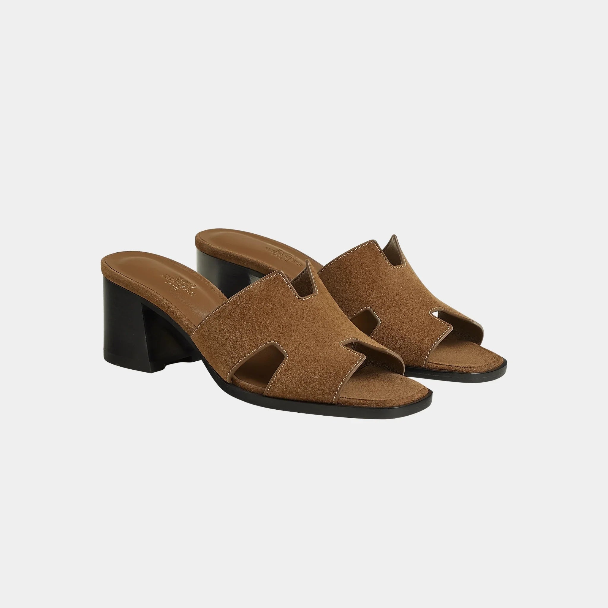 Hermes Helia 60 High Heel Suede Goatskin Sandal, Brun Fume, Front