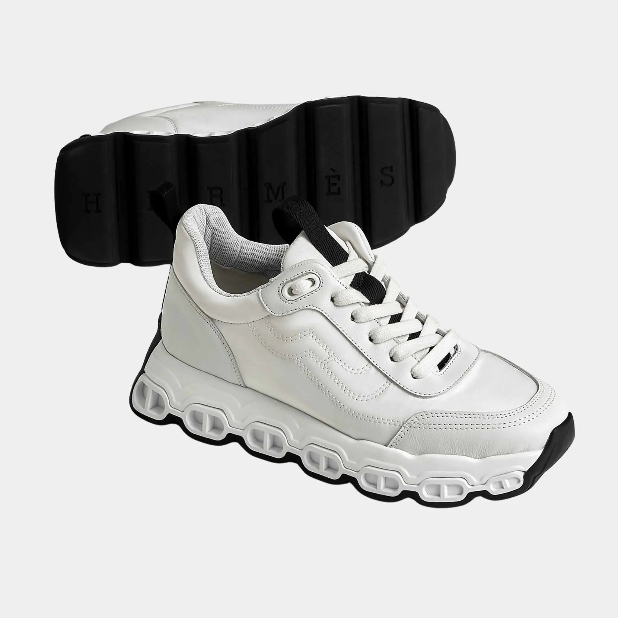 Hermes Impulse Sneakers in Parachute Fabric and Calfskin, Blanc, Front