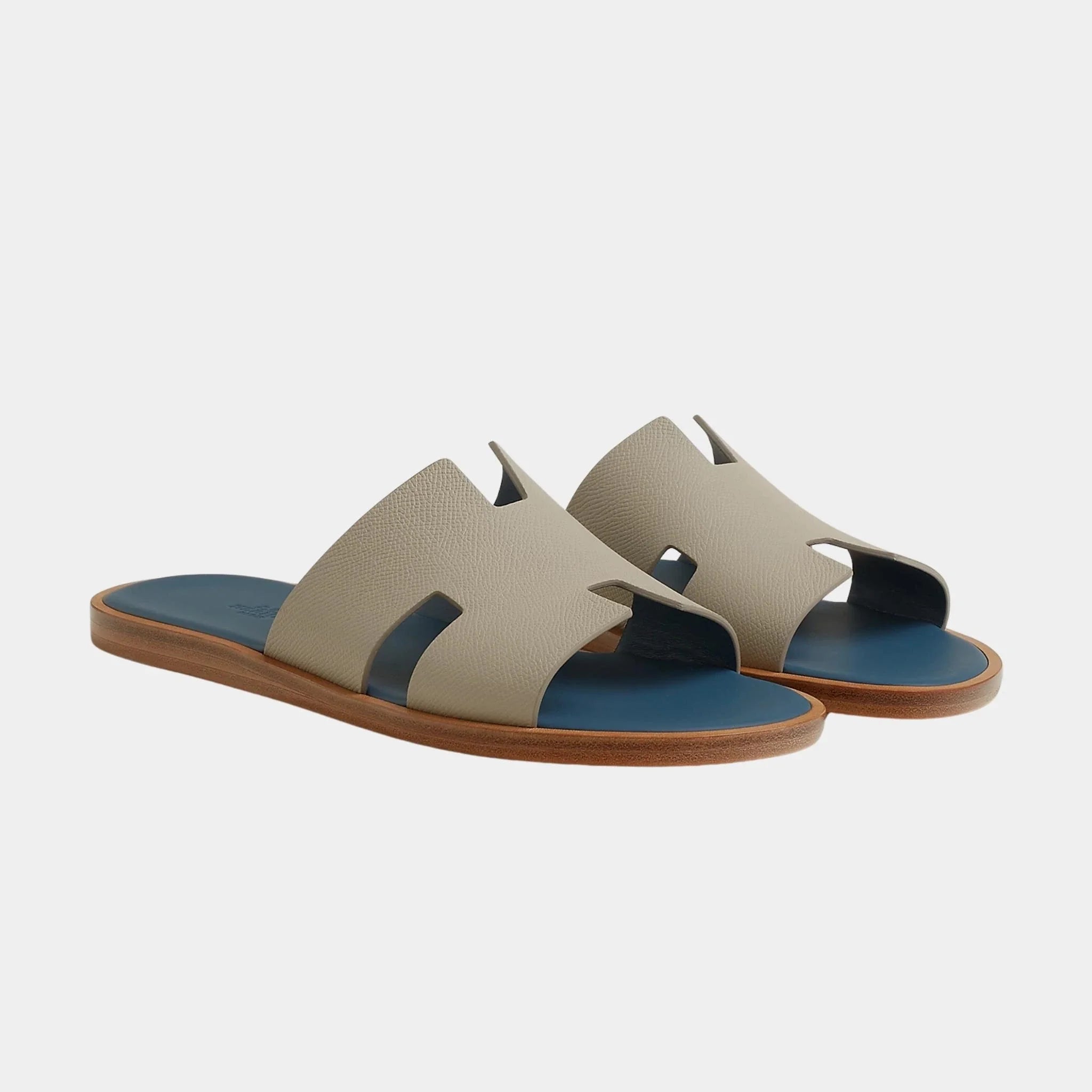 Hermes Izmir Sandal in Epsom Calfskin, Beige Esquisse, Bleu Turquin, Front