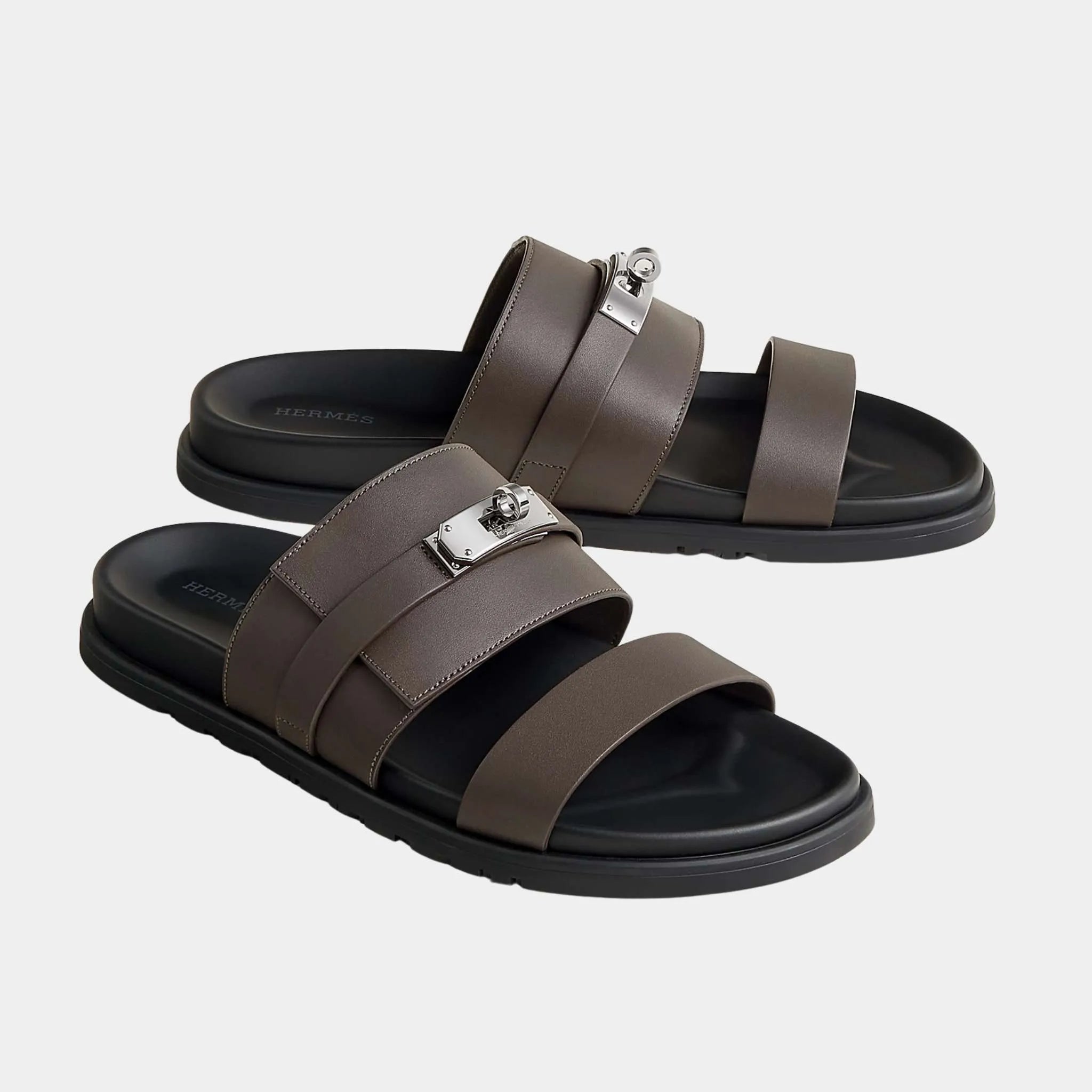 Hermes Jackson Sandal in Calfskin with Palladium Plated Buckle, Ecorce, Front