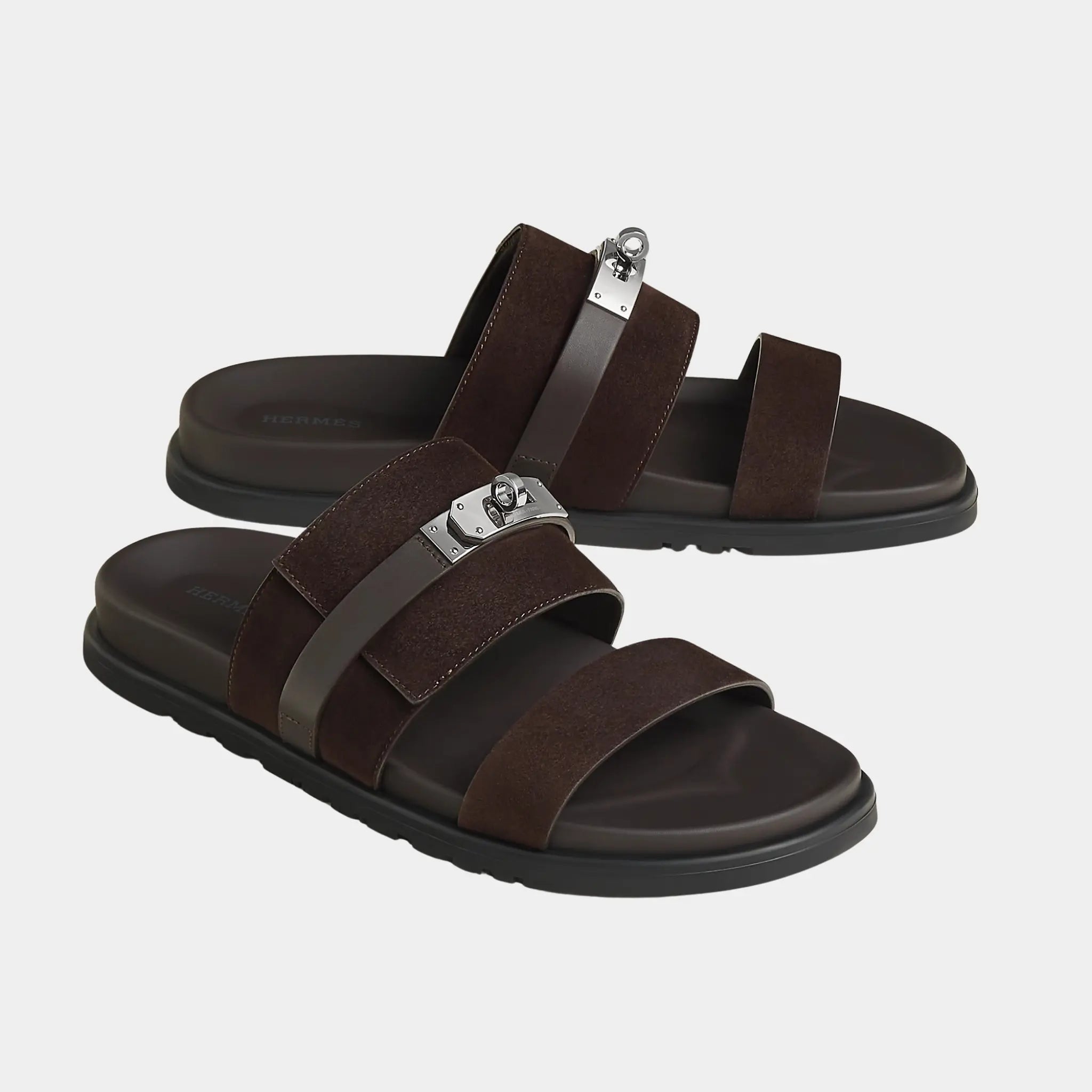 Hermes Jackson Sandals Suede Goatskin And Calfskin, Marron Ebene, Front