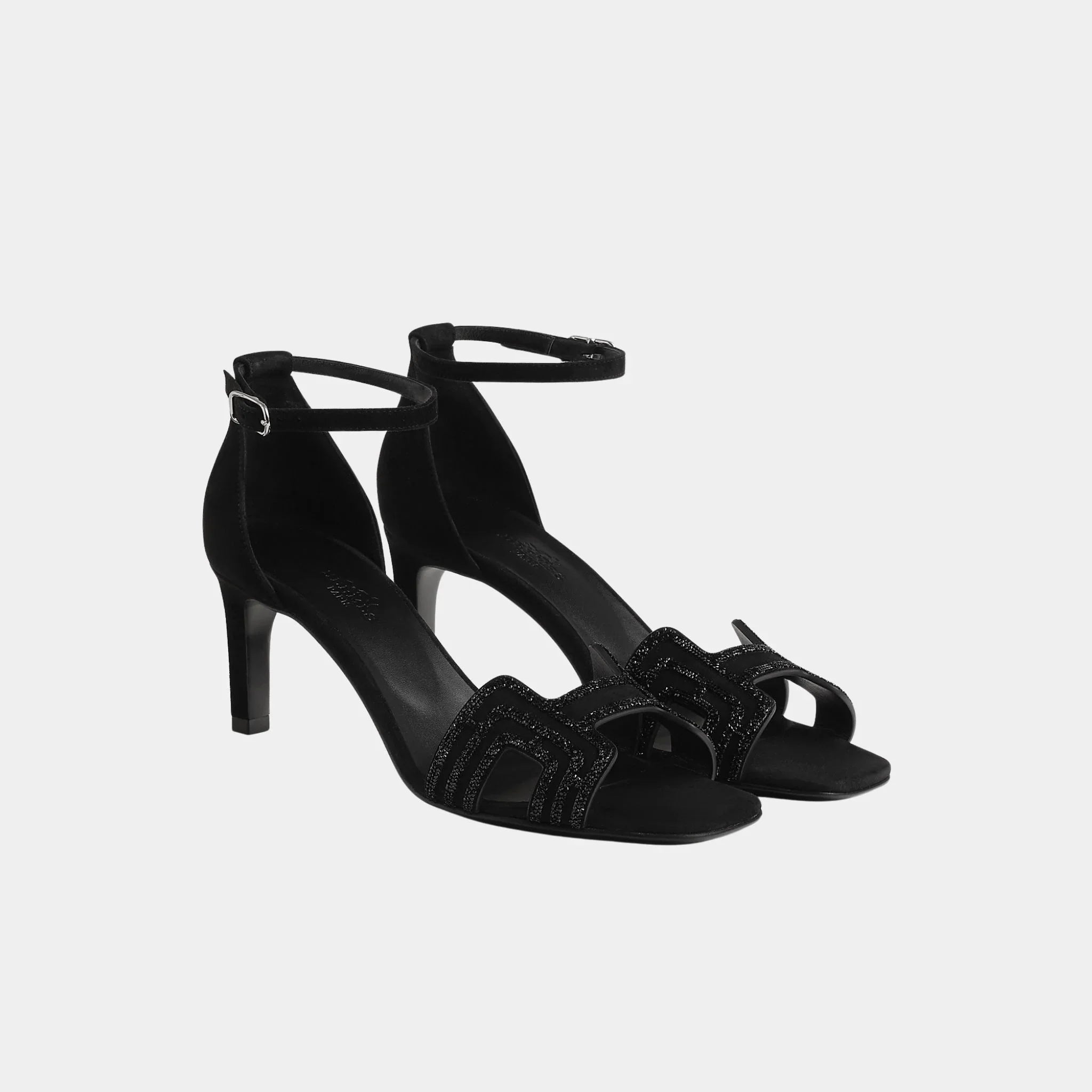 Hermes Joy 70 Heelede Sandal in Suede with Arcane Motif, Noir, Front