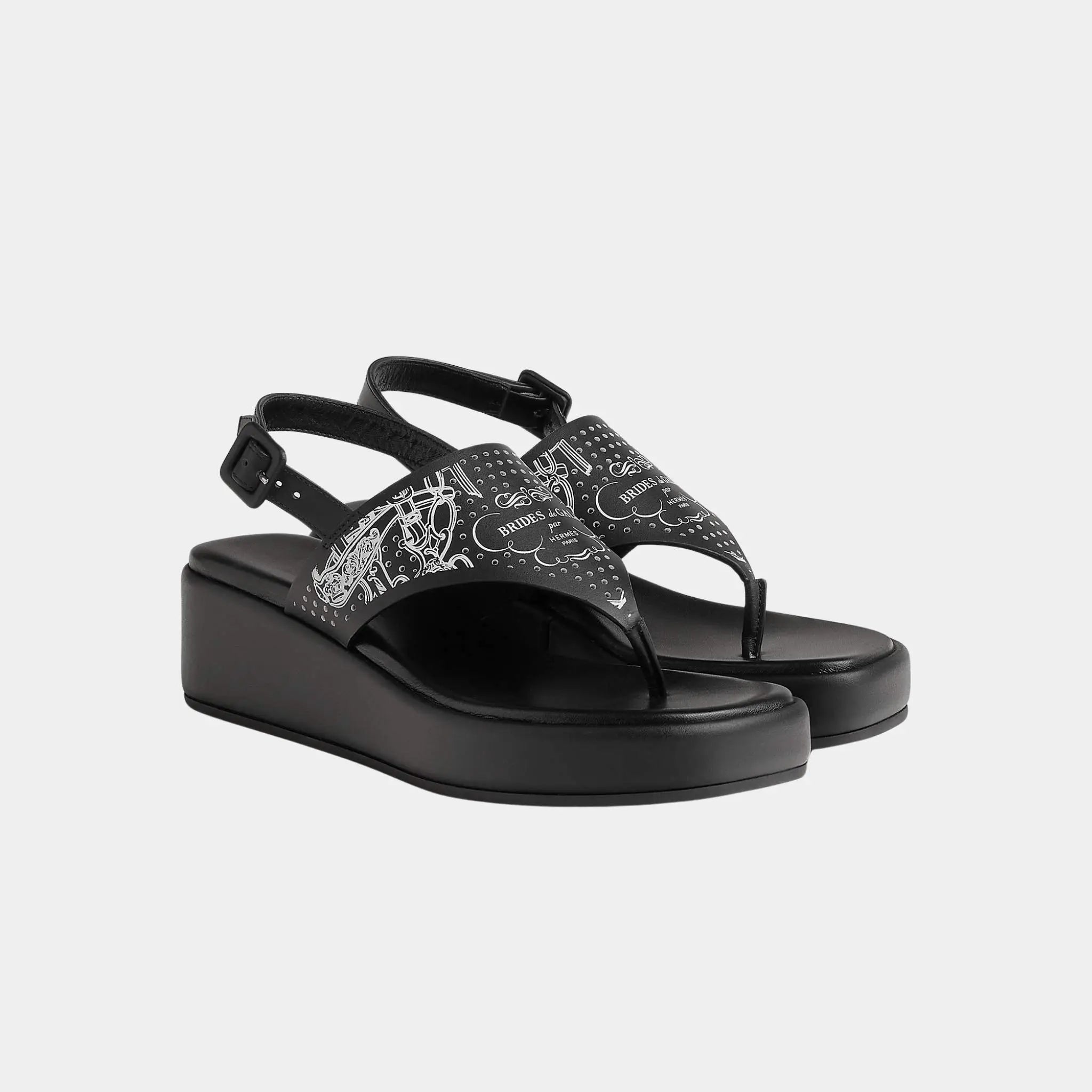 Hermes Karima Sandals in Printed Cafskin, Noir, Blanc, Front