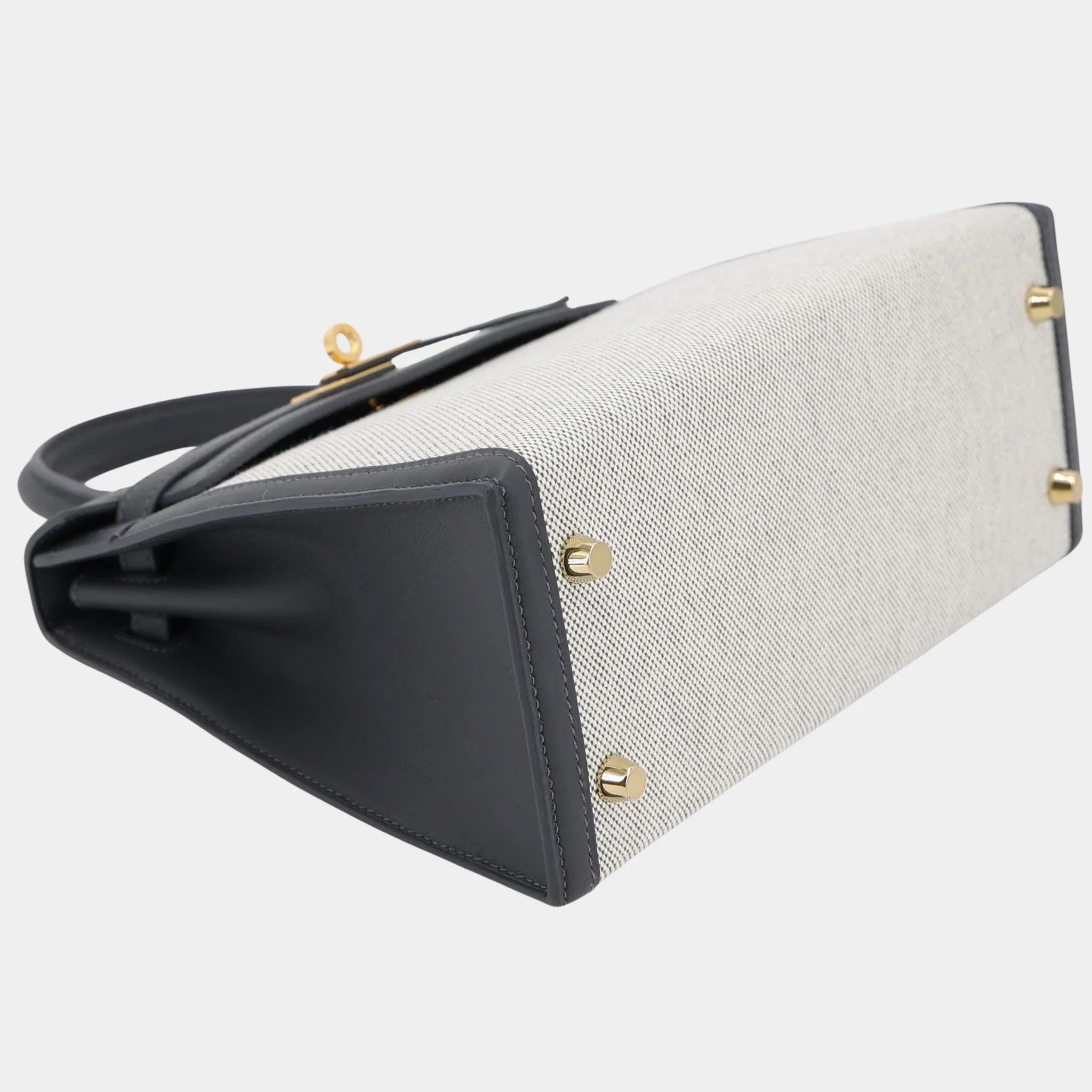 Kelly 25 Sellier Swift Toile Quadrille-Canvas Ardoise/Ecru GHW