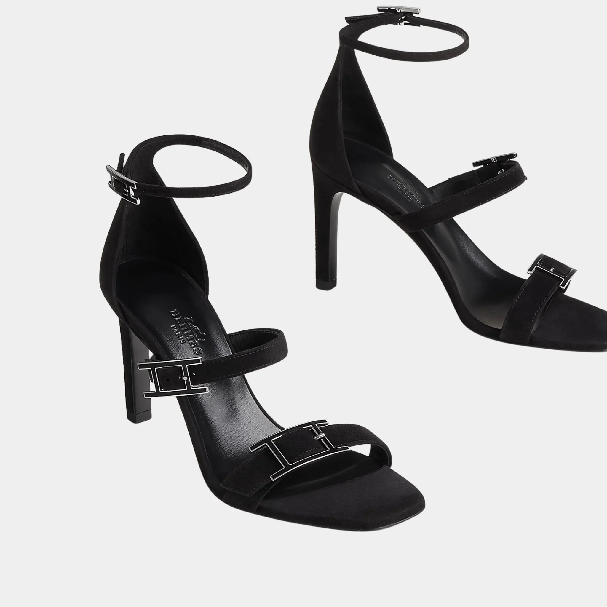 Hermes Liv 90 High Heel Sandal in Suede Goatskin, Noir, Front