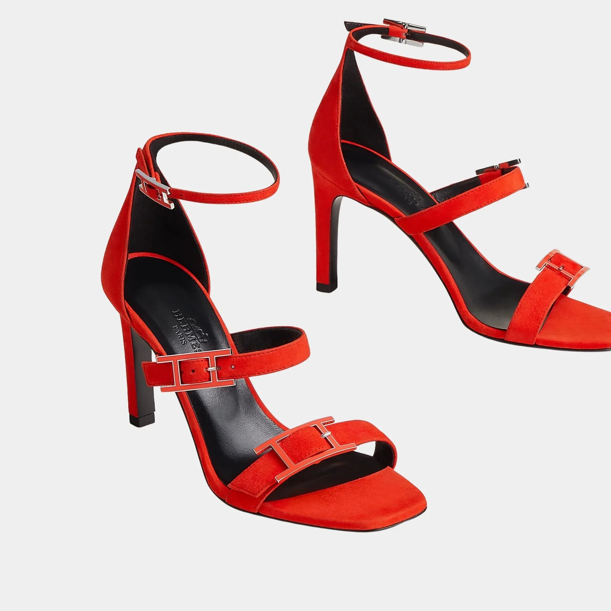 Hermes Liv 90 High Heel Sandal in Suede Goatskin, Rouge Grenadine, Front