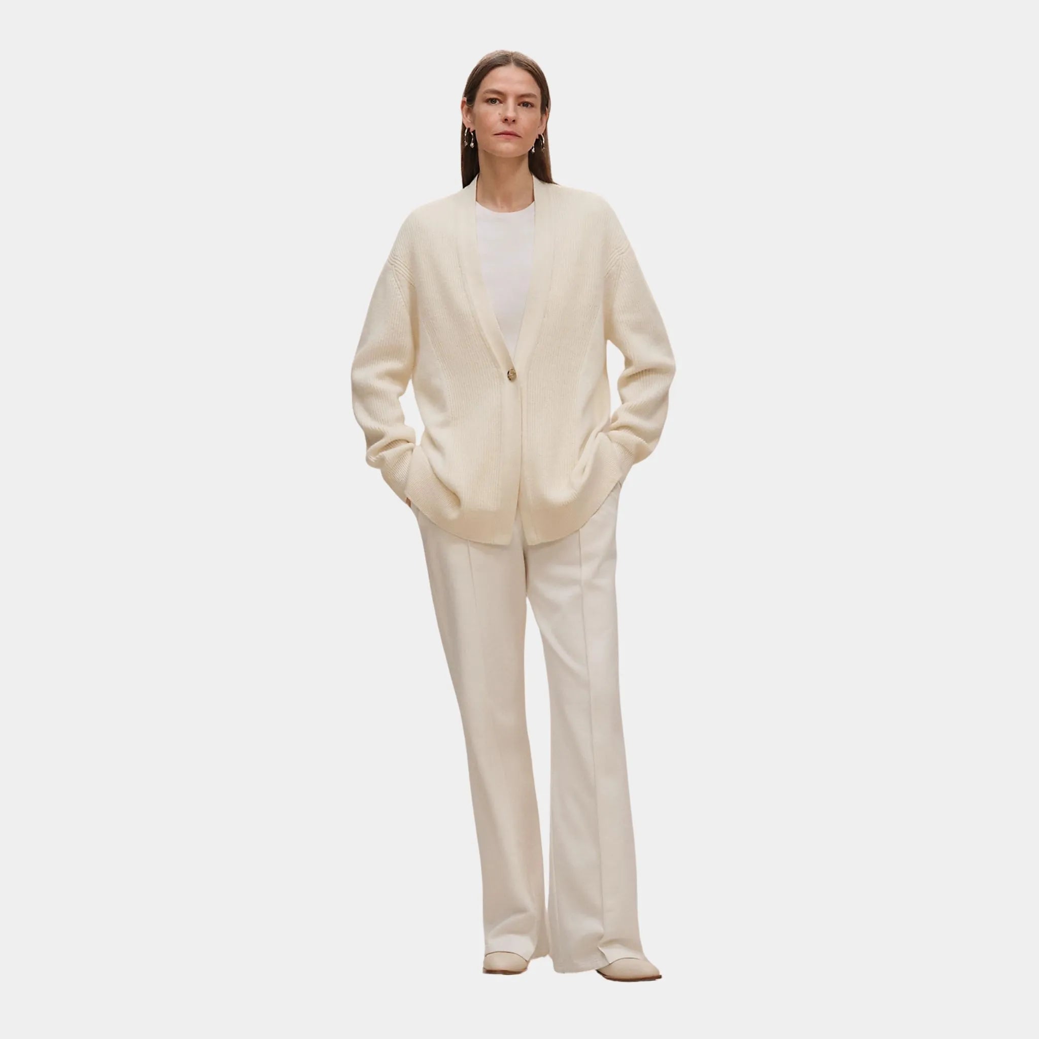 Hermes Long Cardigan in Plain Scottish Cashmere, Blanc Naturel, Front