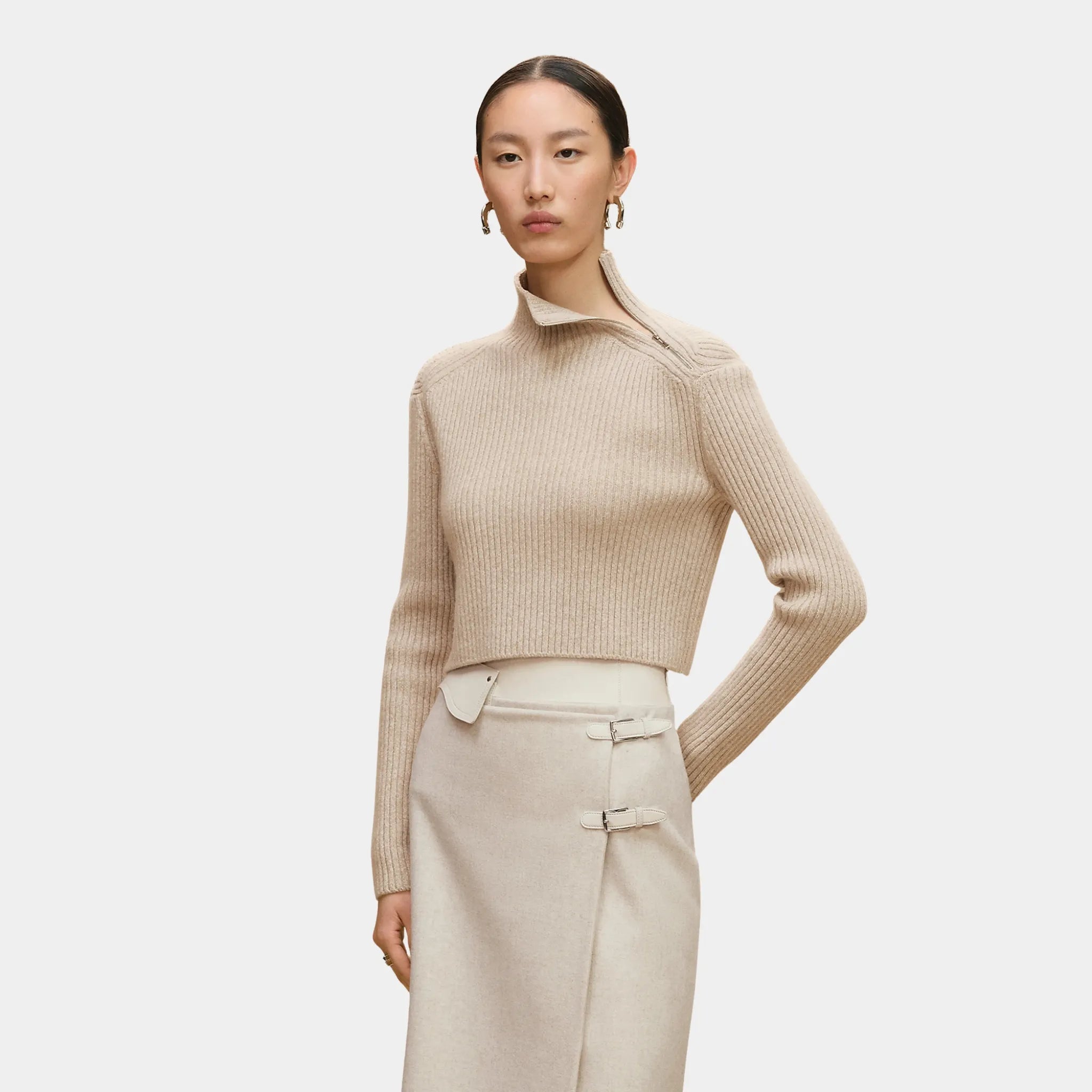 Hermes Long-sleeved Cropped Sweater in Scottish Wool, Beige Camel, Front