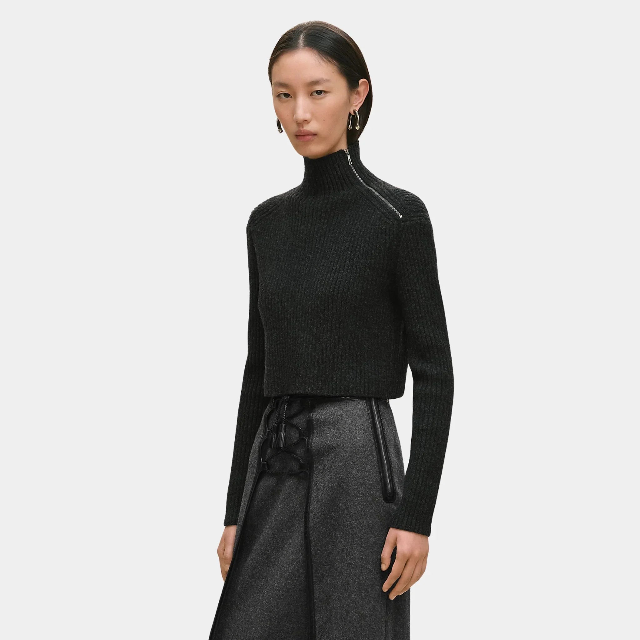 Hermes Long-sleeved Cropped Sweater in Scottish Wool, Khaki, Front