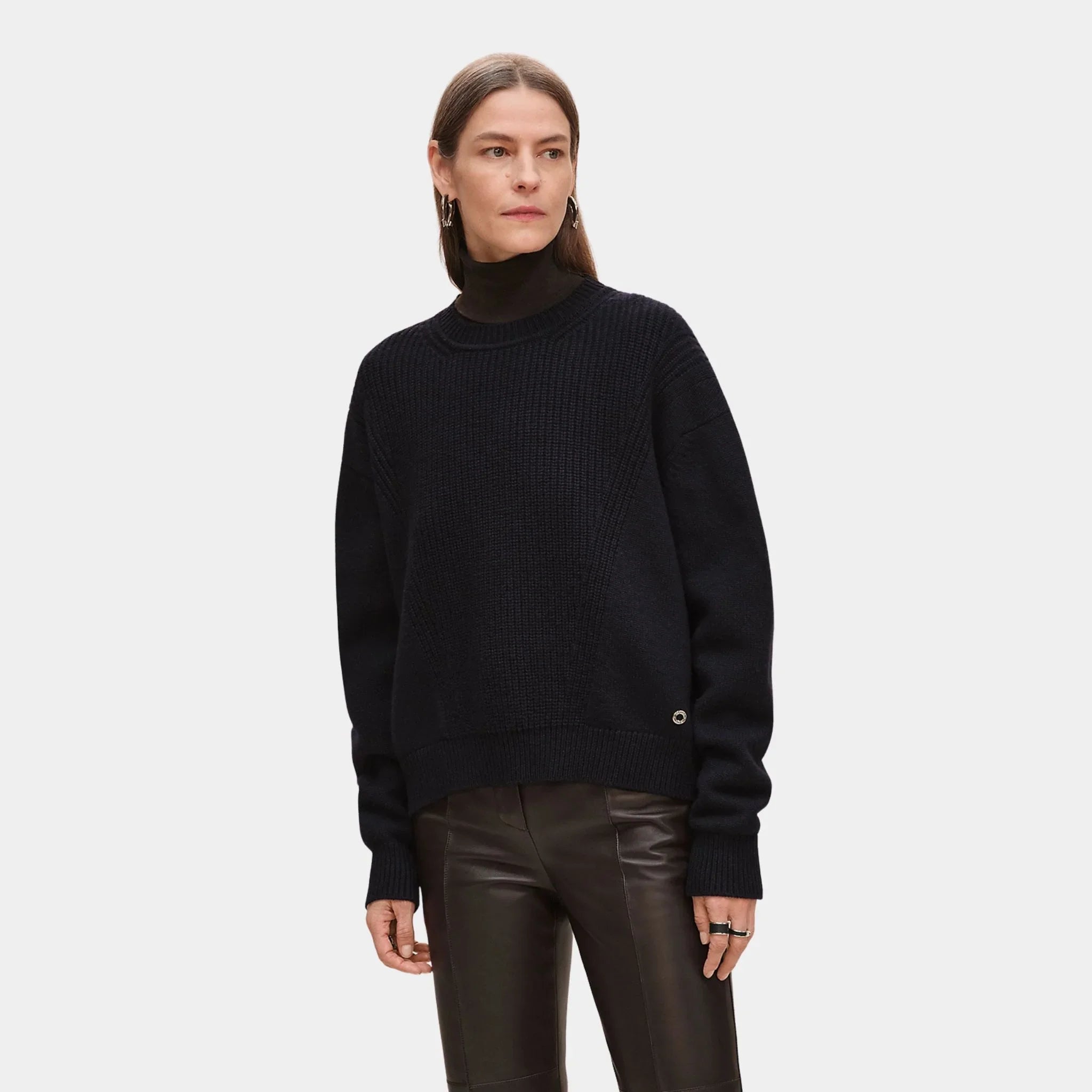 Hermes Long-sleeve Sweater in Plain Scottish Cashmere, Bleu Noir, Front