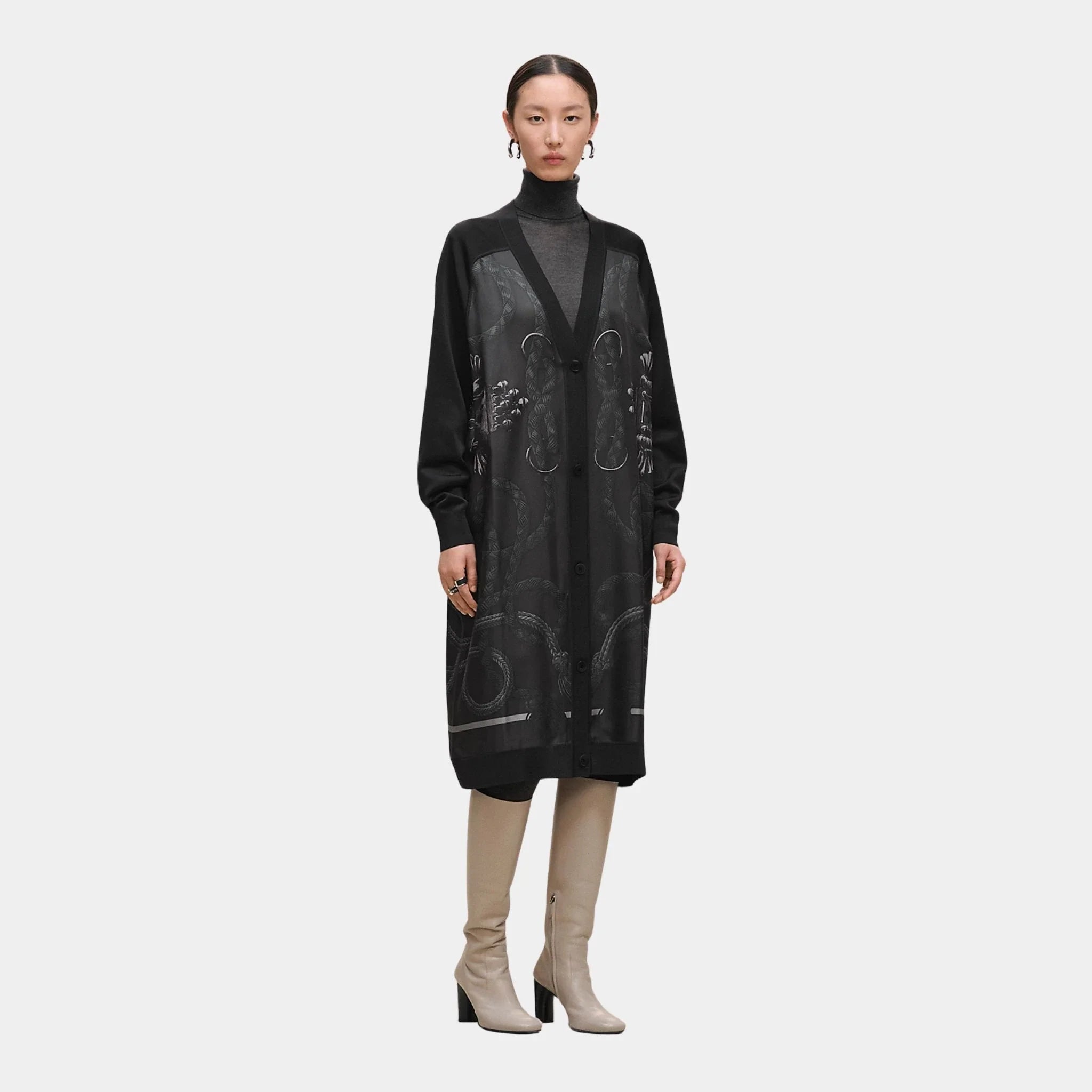 Hermes Long-sleeved Twillaine Cardigan with Palefroi Remix Print, Gris Charbon, Front