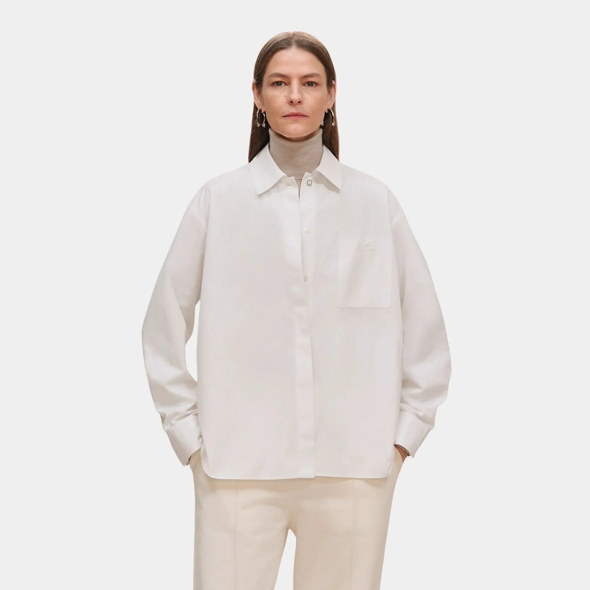 Hermes Loose-fitting Cotton Twill Shirt, Blanc, Front