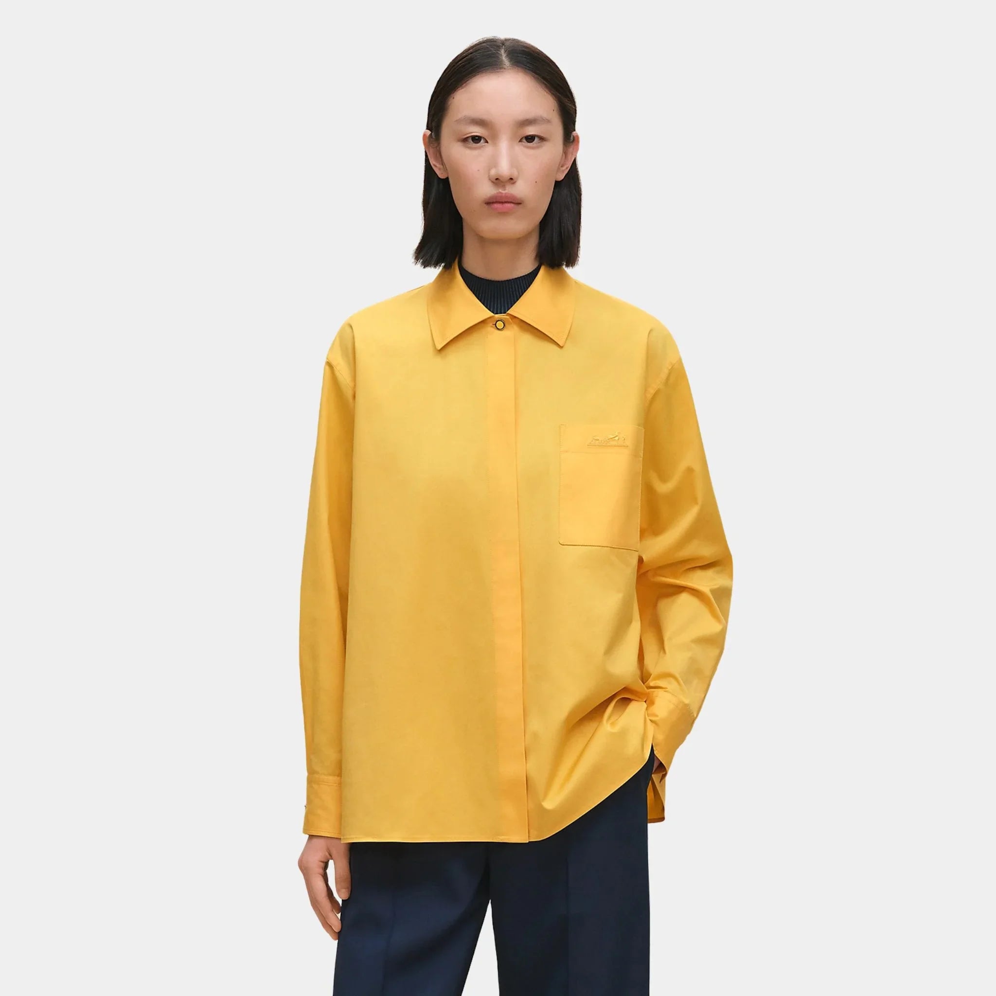 Hermes Loose-fitting Cotton Twill Shirt, Jaune Mimosa, Front