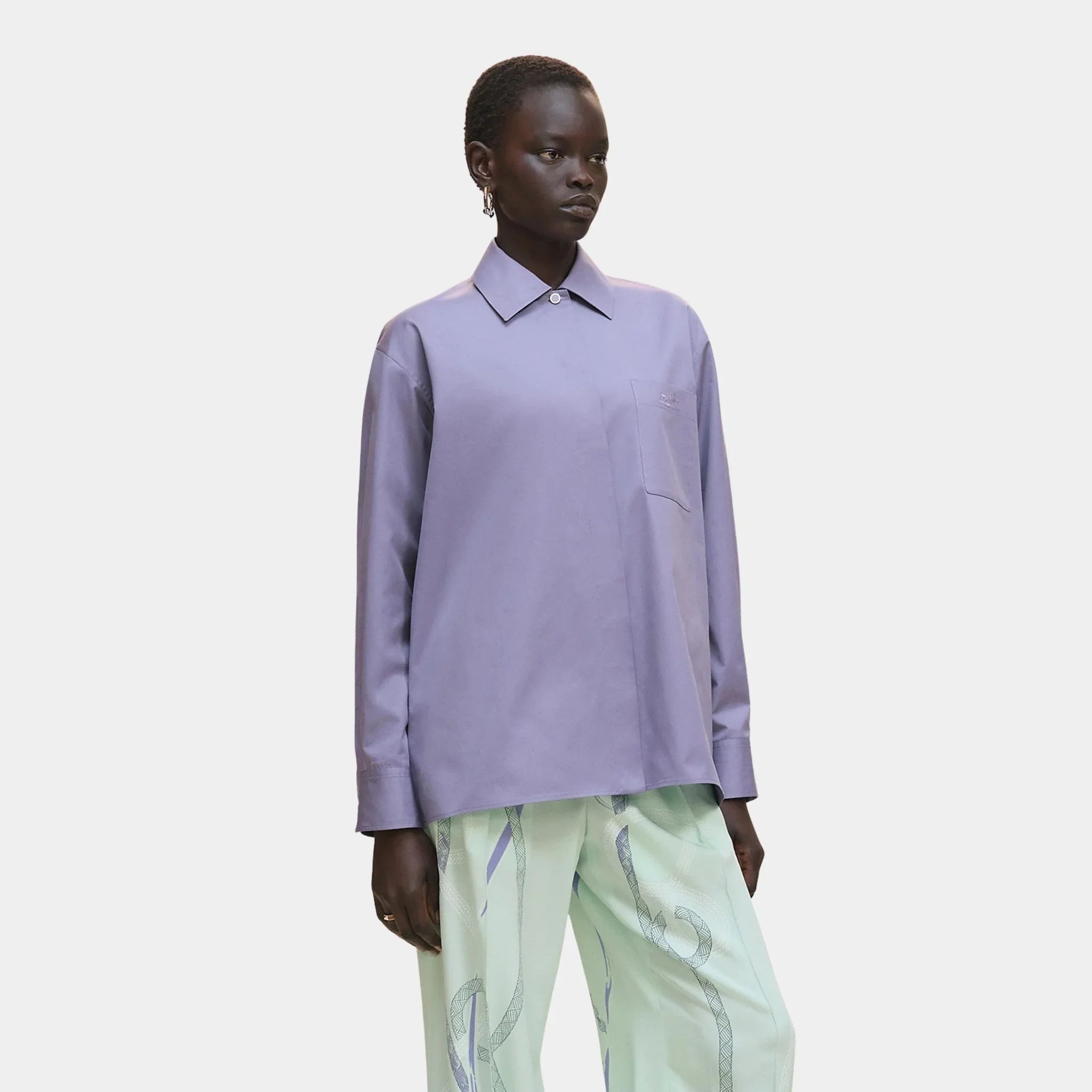 Hermes Loose-fitting Cotton Twill Shirt, Violet Lilas, Front