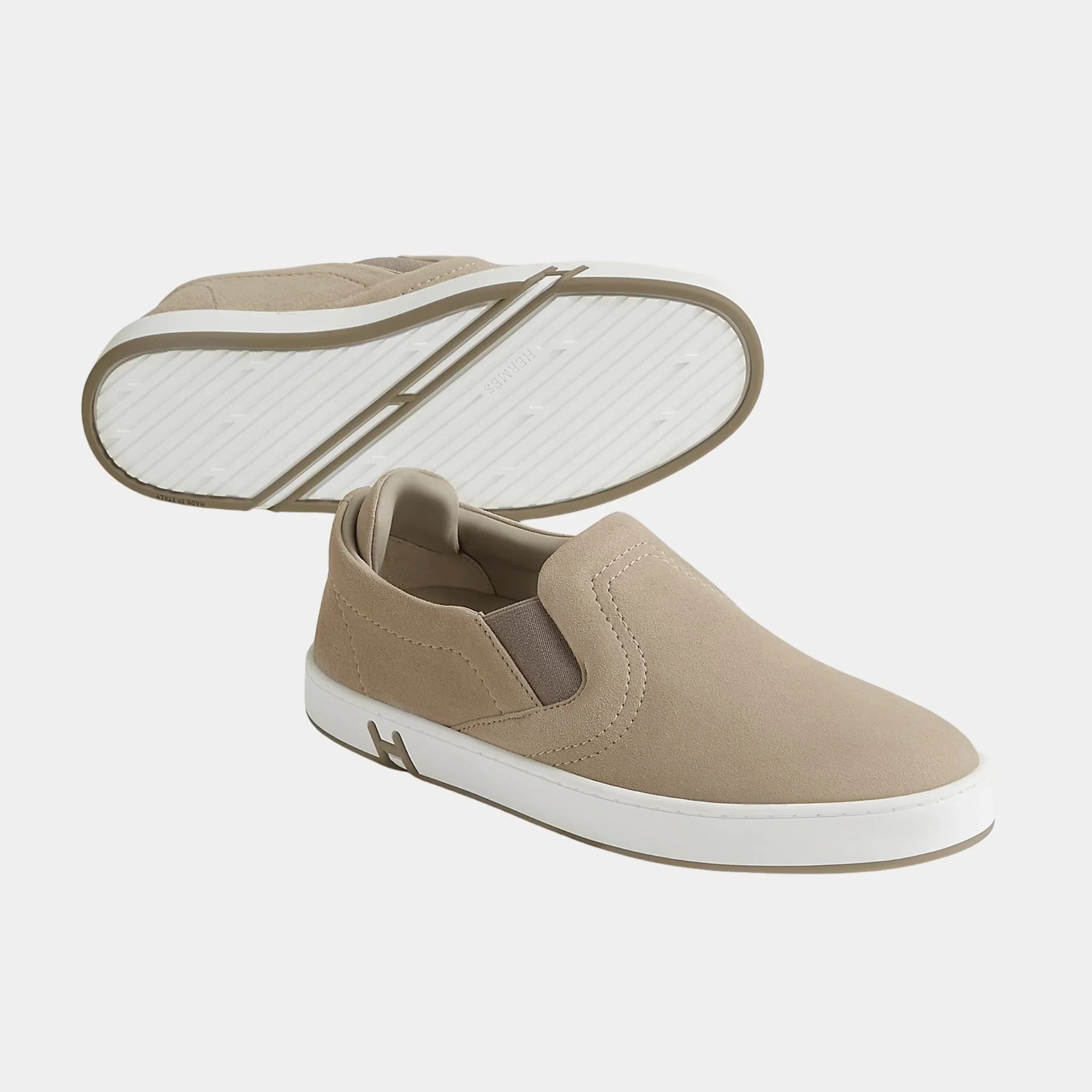 Hermes Lucky Slip-on Sneaker in Suede Goatskin, Beige Galet, Front