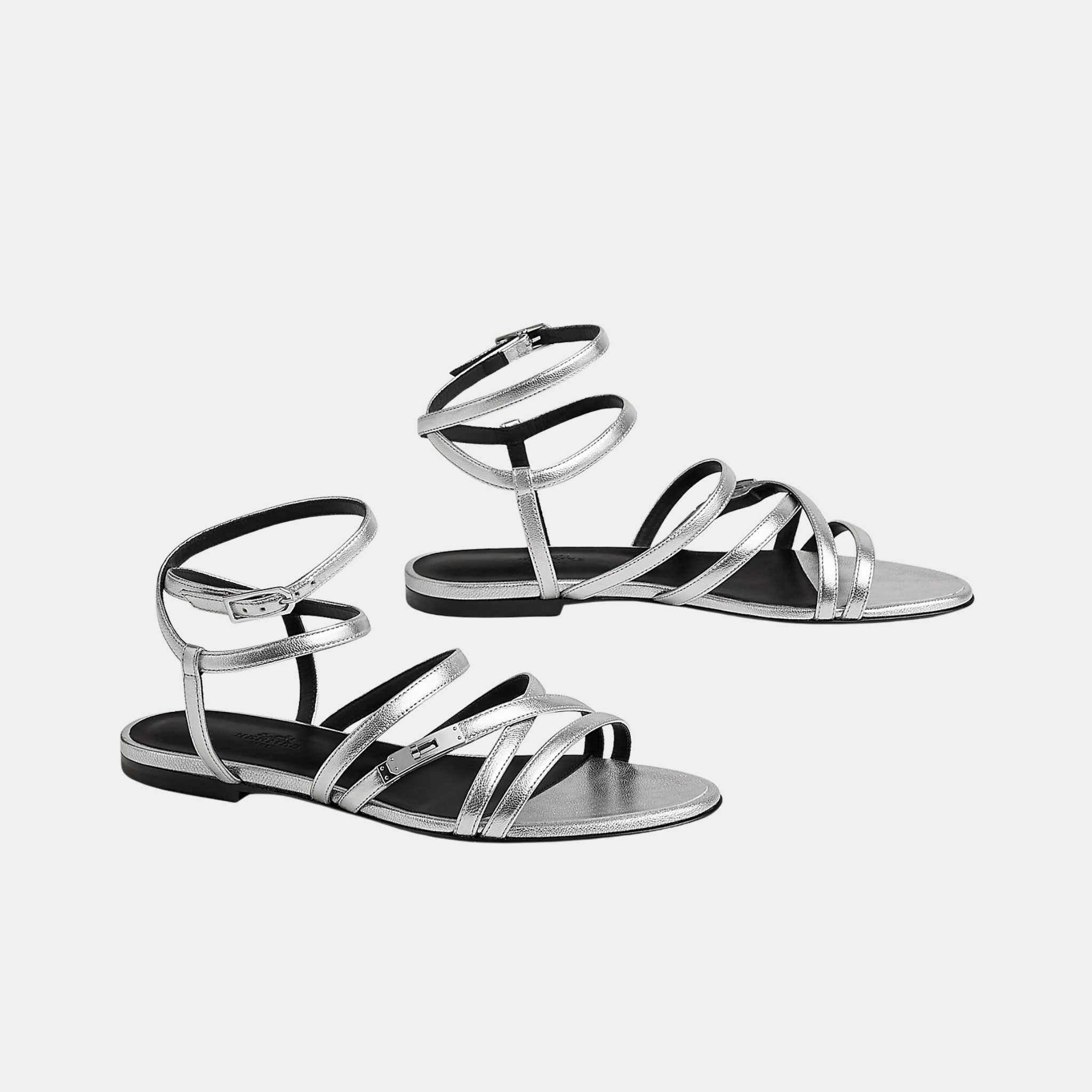 Hermes Lullaby Sandals in Metallic Goatskin, Gris Argente, Front