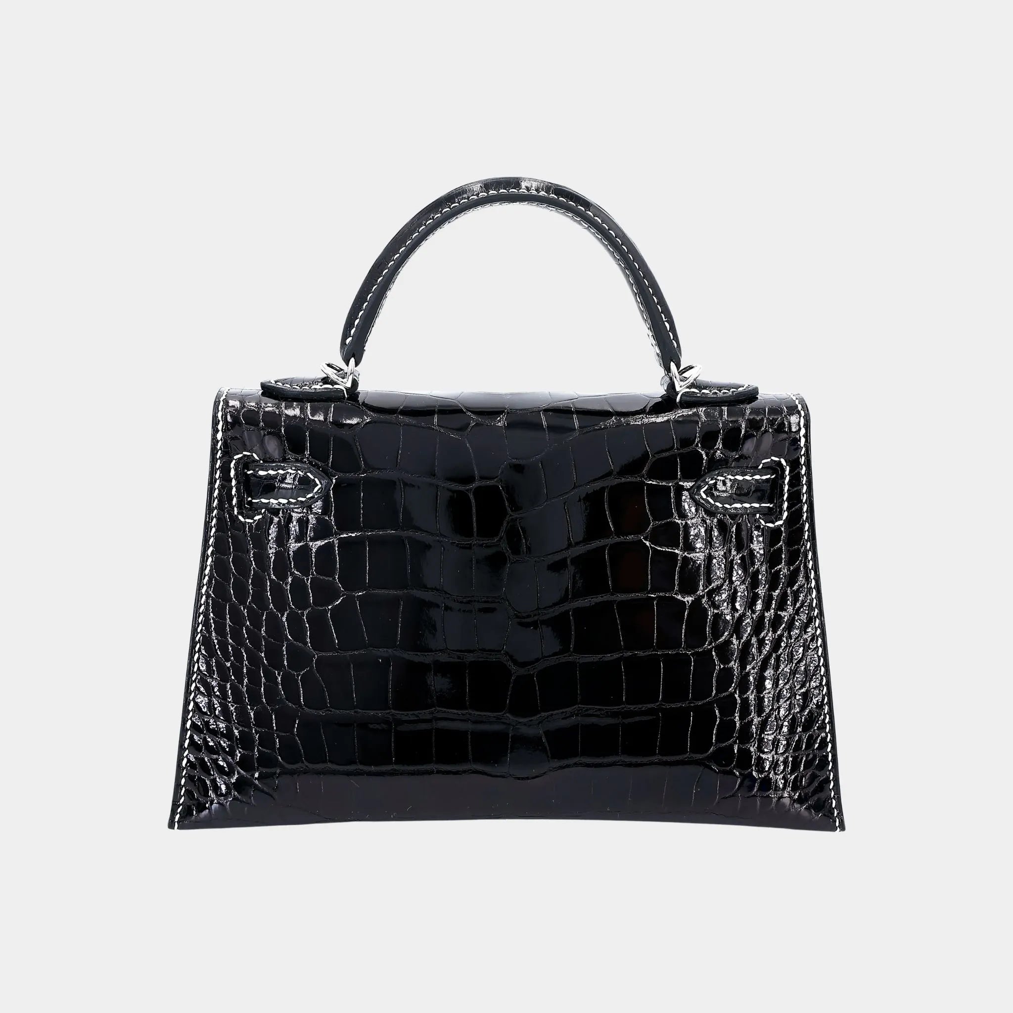 Mini Kelly II White Thread Shiny Alligator Black PHW