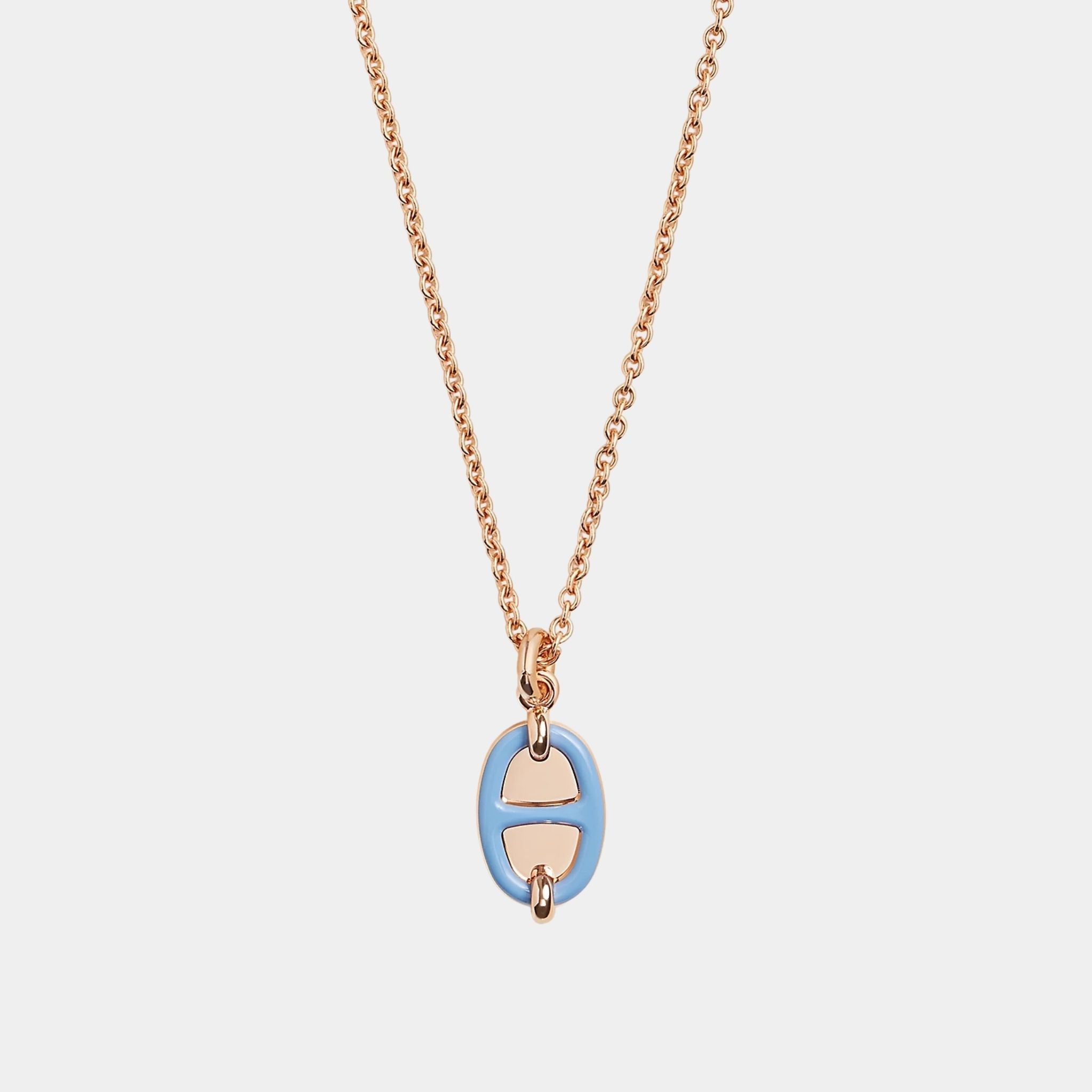 Hermes Mini Maillon Pendant Small Model Rose Gold Plated, Bleu De Lille, Close