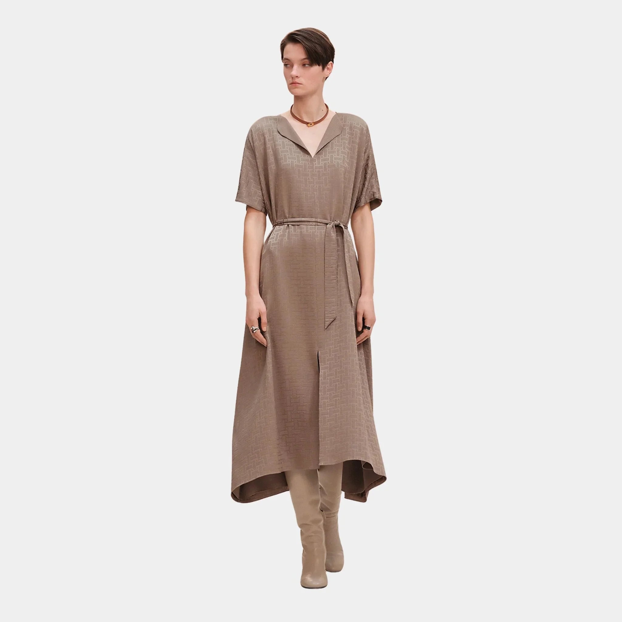 Hermes Mosaique Belted Caftan in Jacquard Silk, Gris Etoupe, Front