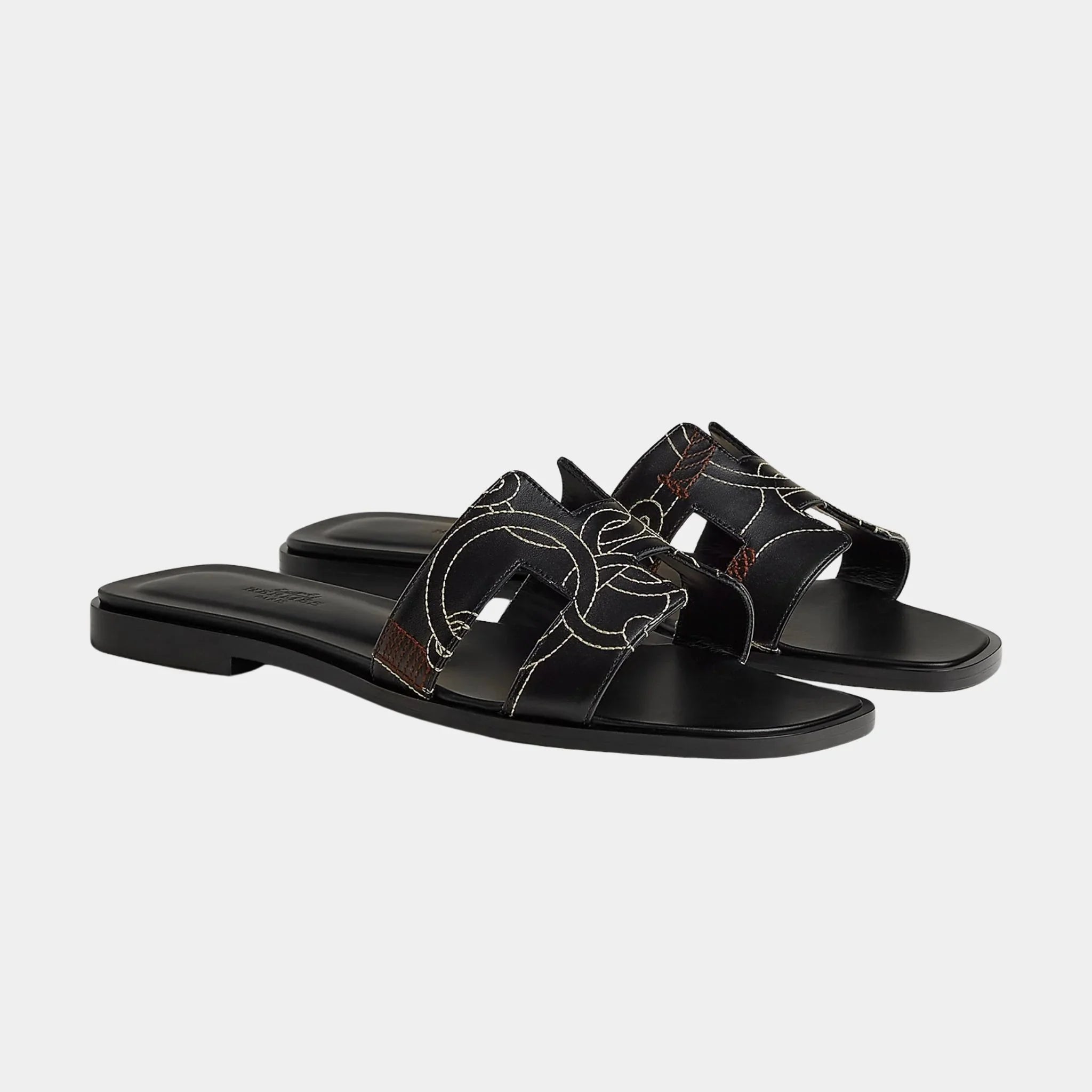 Hermes Oran Sandal in Panoplie Equestre Embroidered Calfskin, Noir, Front