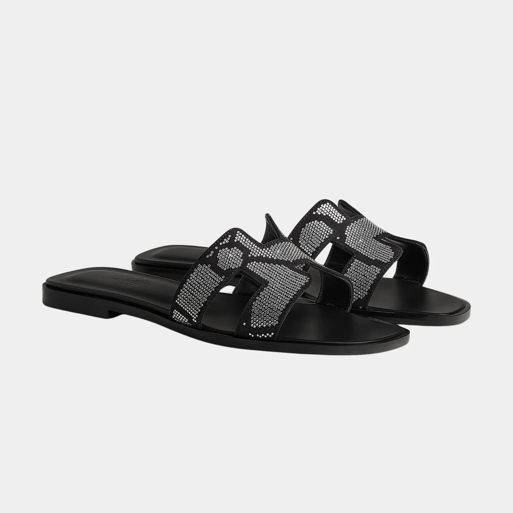 Hermes Oran Sandal in Suede with Figure Artistique Rhinestone, Noir, Cristal, Front