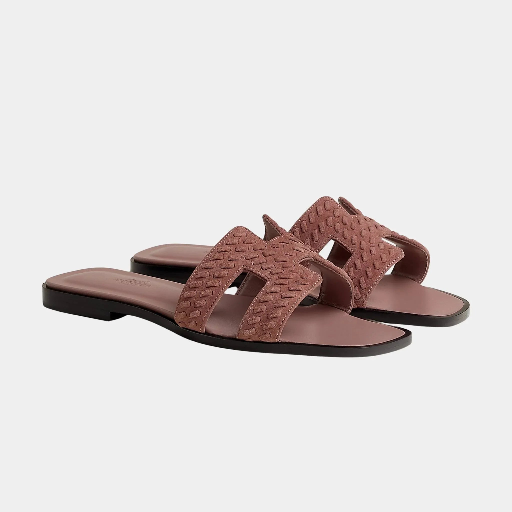 Hermes Oran Sandals in Braided Goat Suede, Rose Antique, Front