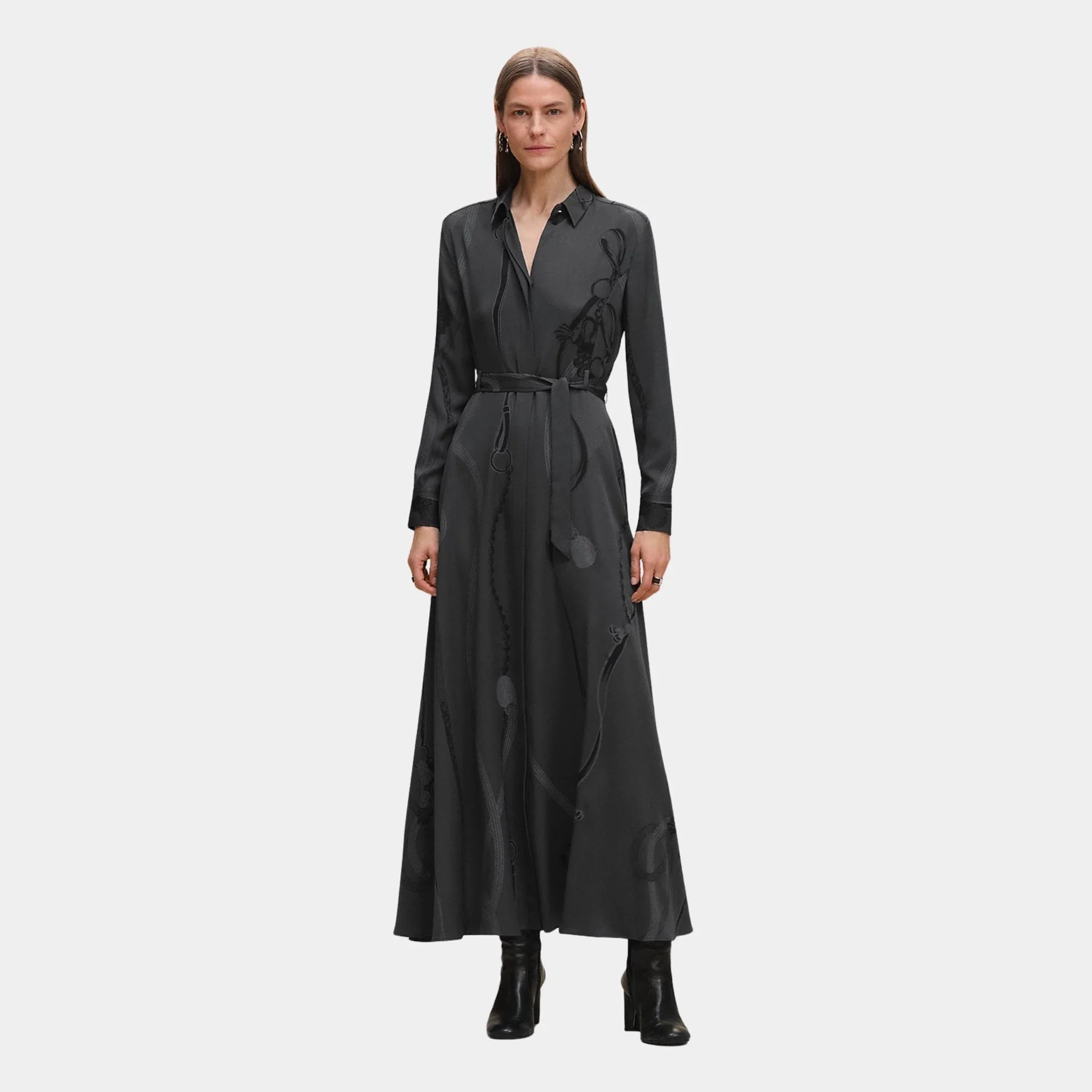 Hermes Palefroi Remix Buttoned Long Dress, Gris Charbon, Front
