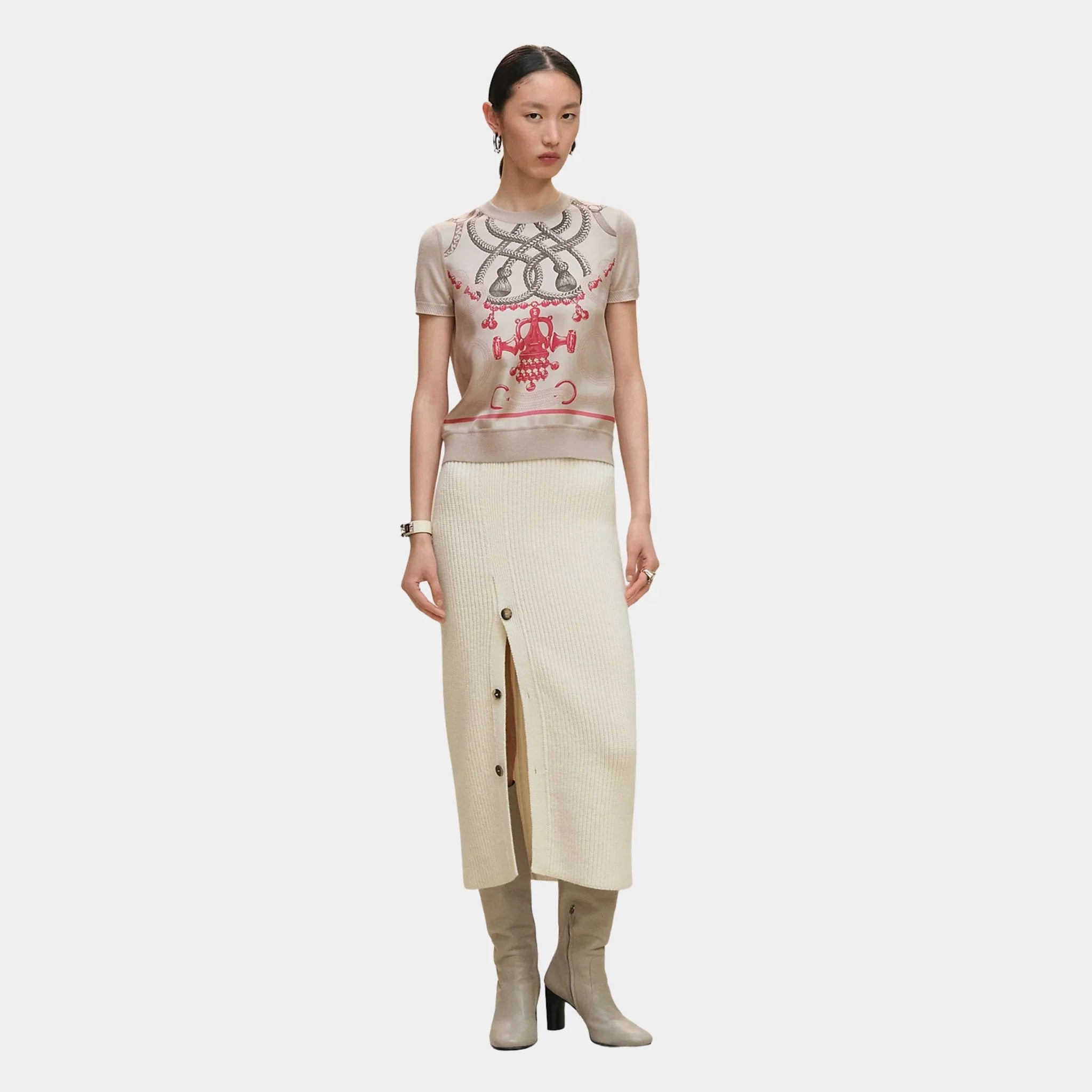 Hermes Palefroi Remix Short-sleeve Twillaine Sweater, Beige Avoine, Front