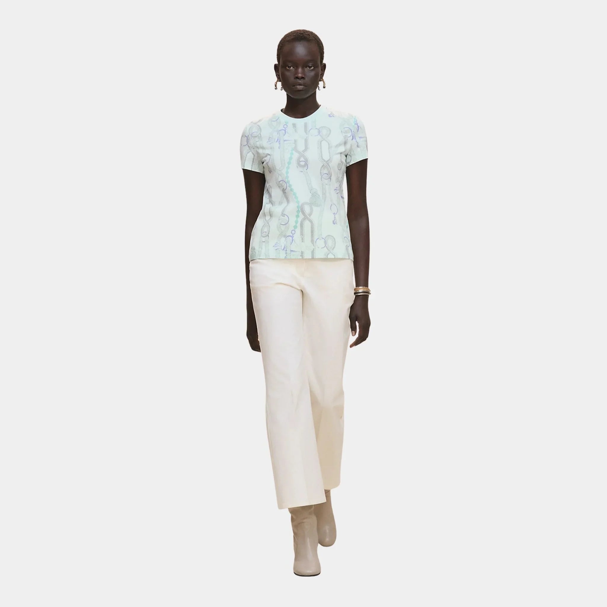 Hermes Palefroi Remix Straight T-shirt, Blanc, Vert Embrun, Front