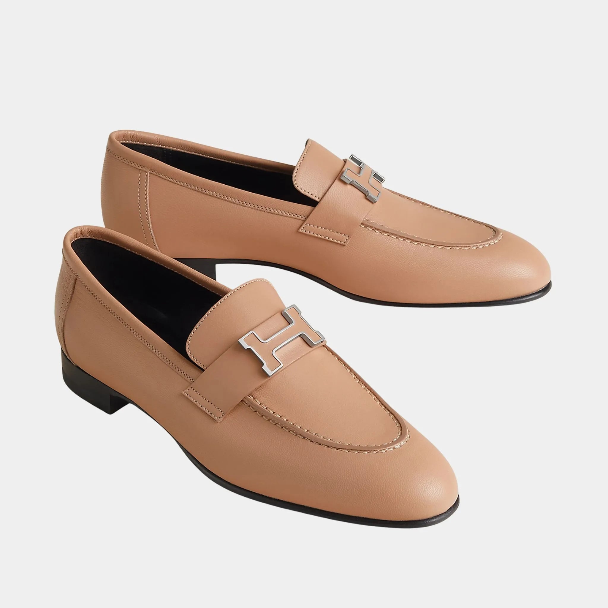 Hermes Paris Loafer Goatskin Paris Buckle Women, Beige Perlino, Front