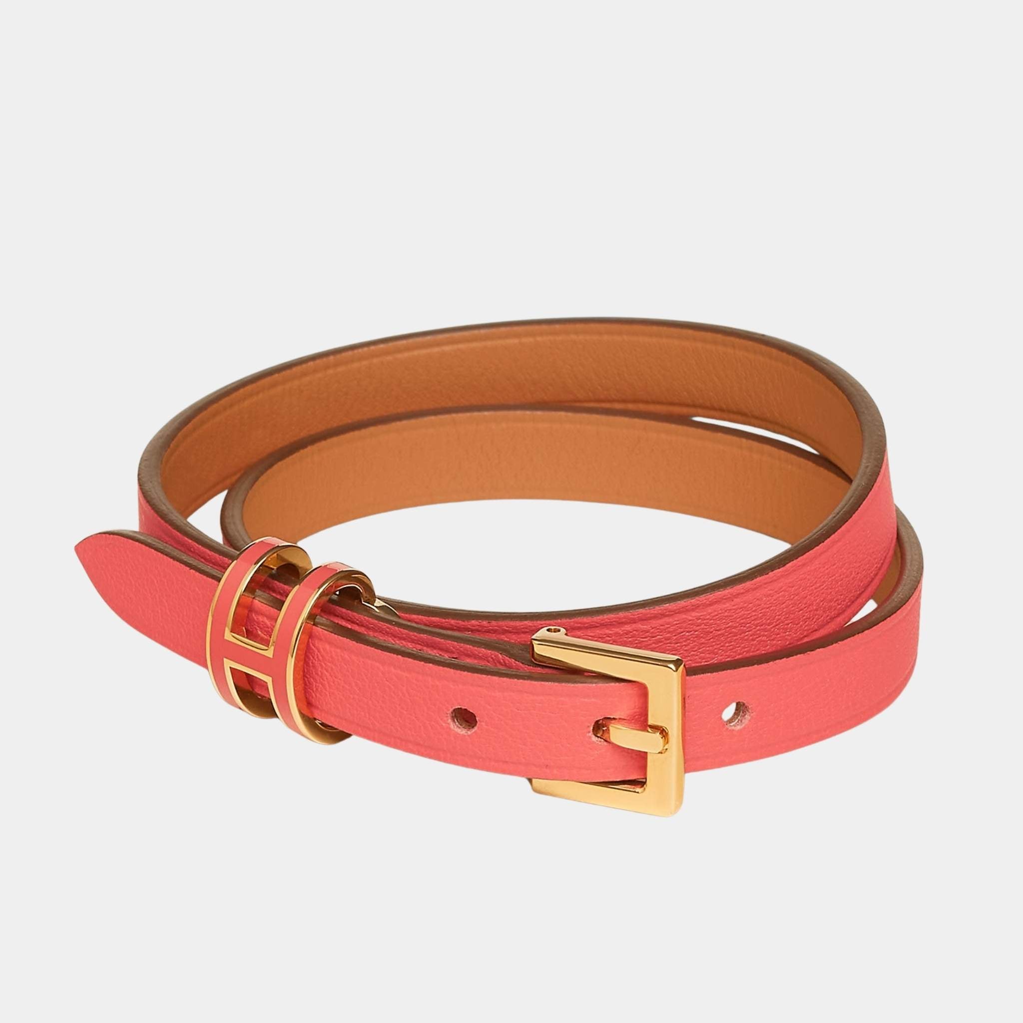 Hermes Pop H Double Tour Bracelet Swift Calfskin Gold Plated, Rose Texas