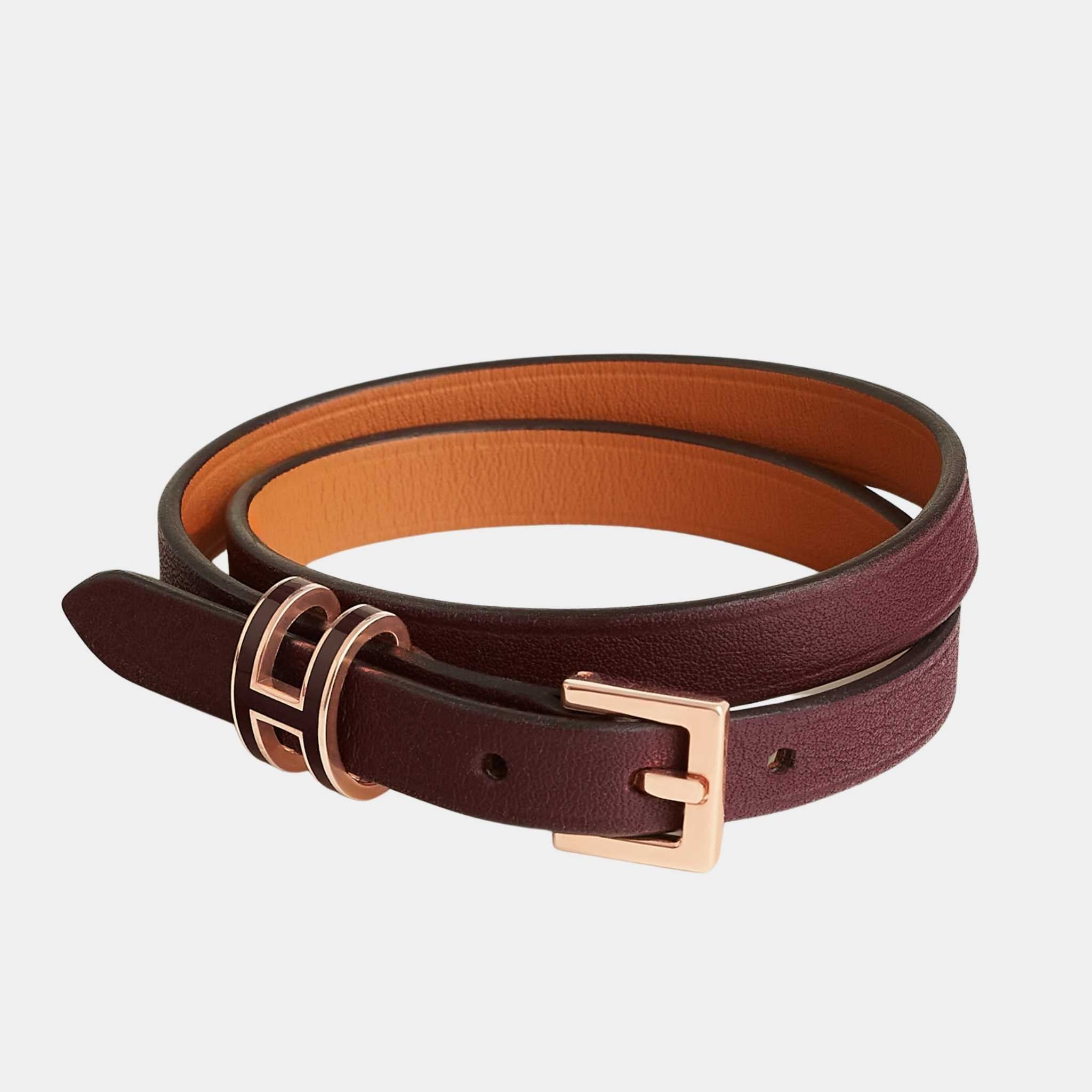 Hermes Pop H Double Tour Bracelet Swift Calfskin Rose Gold Plated, Bordeaux