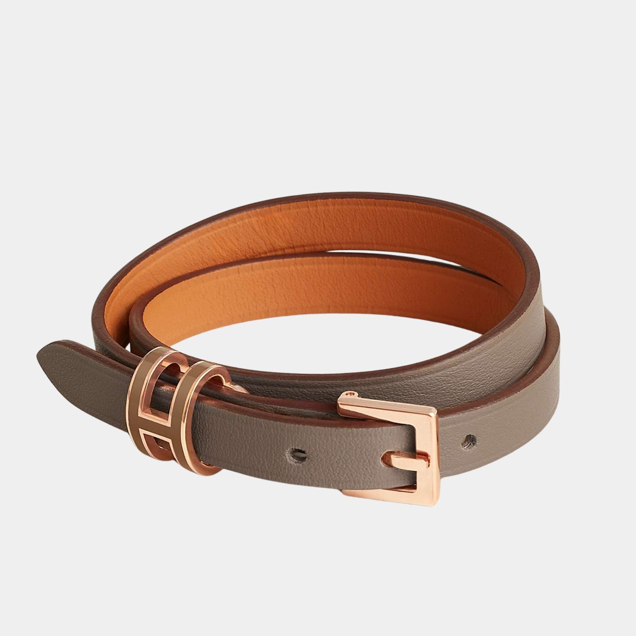 Hermes Pop H Double Tour Bracelet Swift Calfskin Rose Gold Plated, Etoupe
