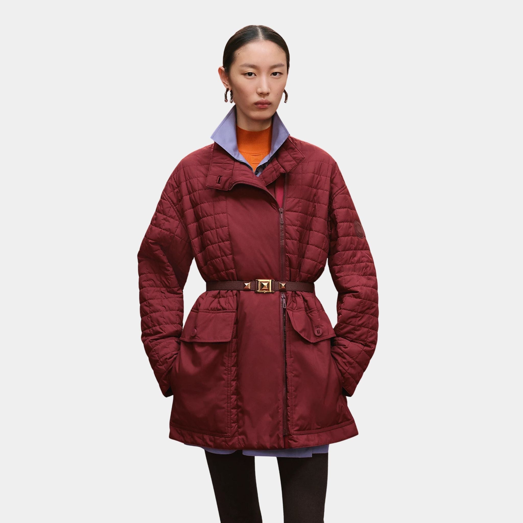 Hermes Quilted Coat in Feather Canvas, Rouge H, Front