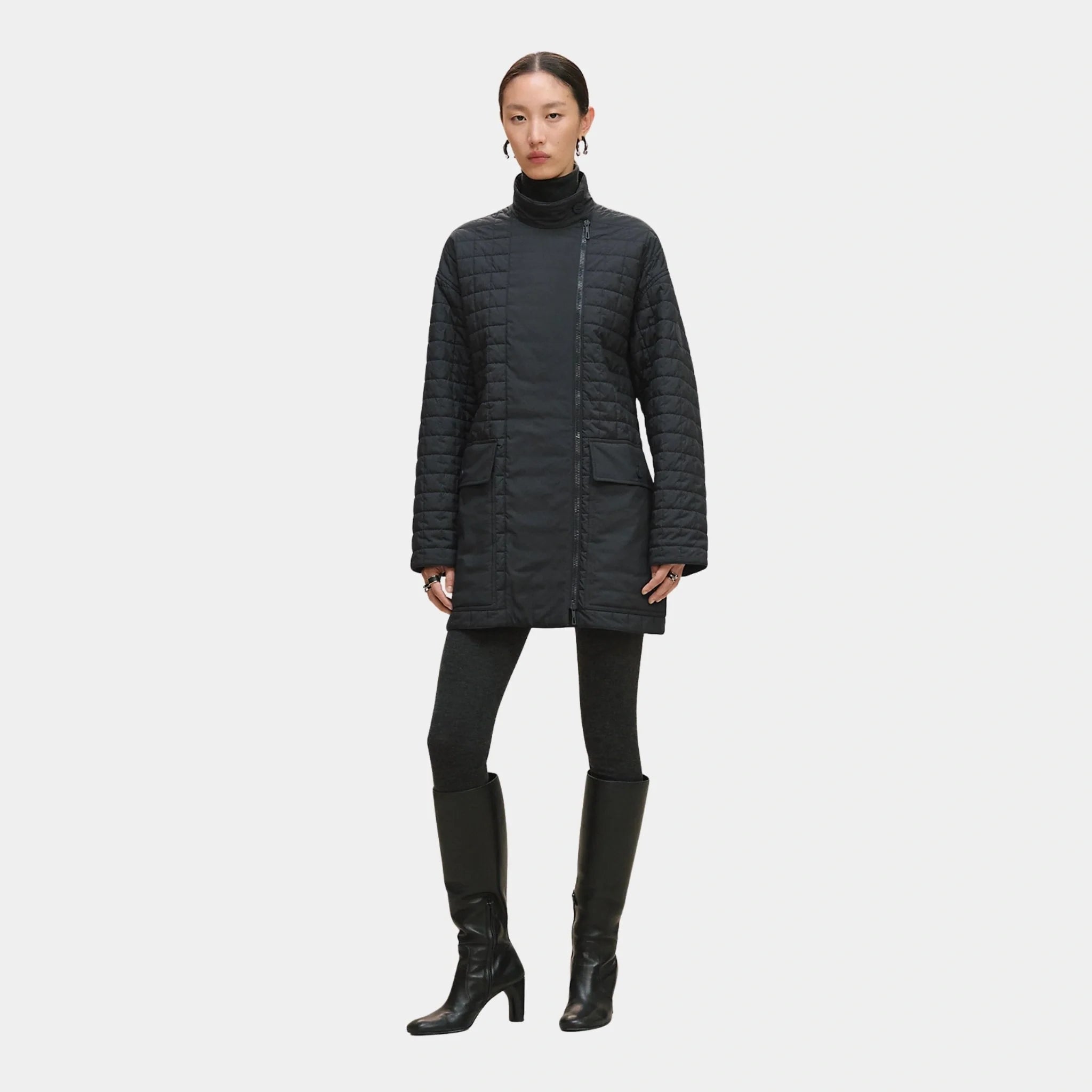 Hermes Quilted Coat in Plume Canvas, Bleu Noir, Front