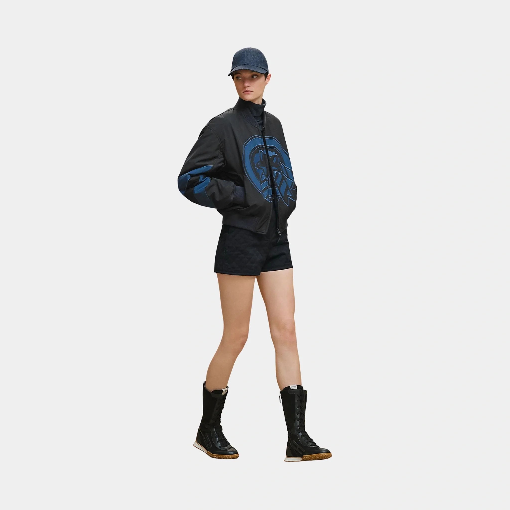 Hermes Reversible Bomber Jacket in Feather Canvas, Bleu Noir, Model