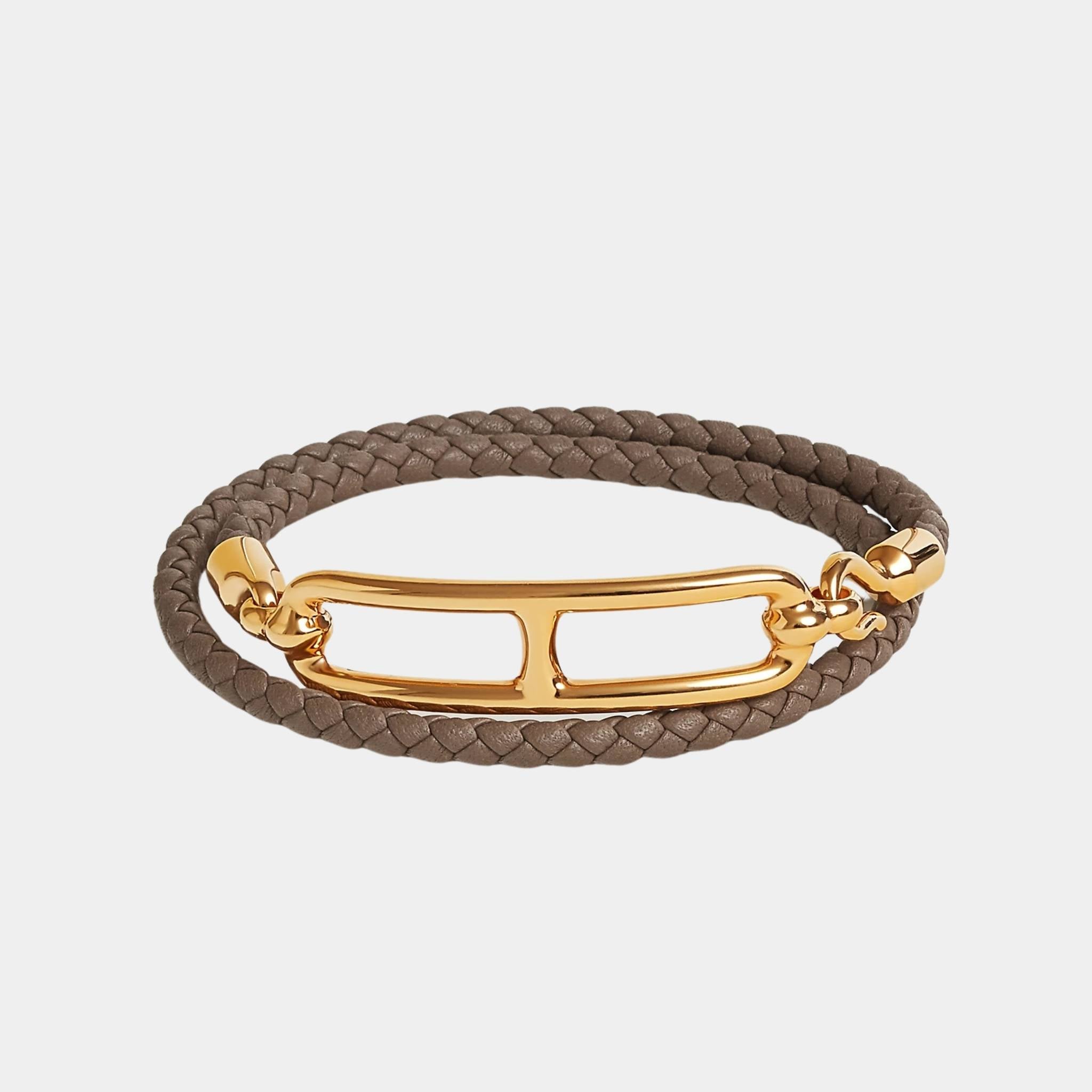 Hermes Roulis Double Tour Bracelet Swift Calfskin Gold Plated, Etoupe